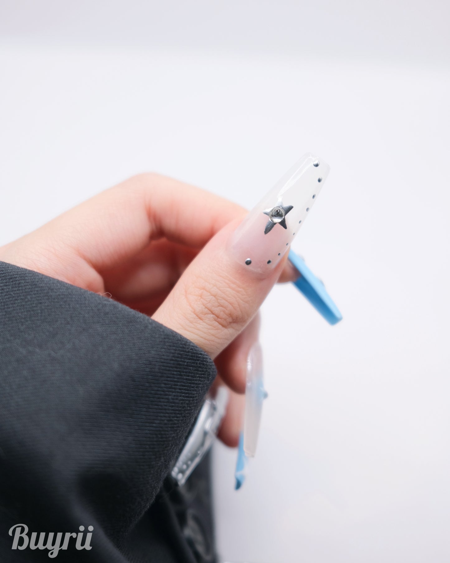 Extra Long Coffin Blue & Silver Y2K Press On Nails