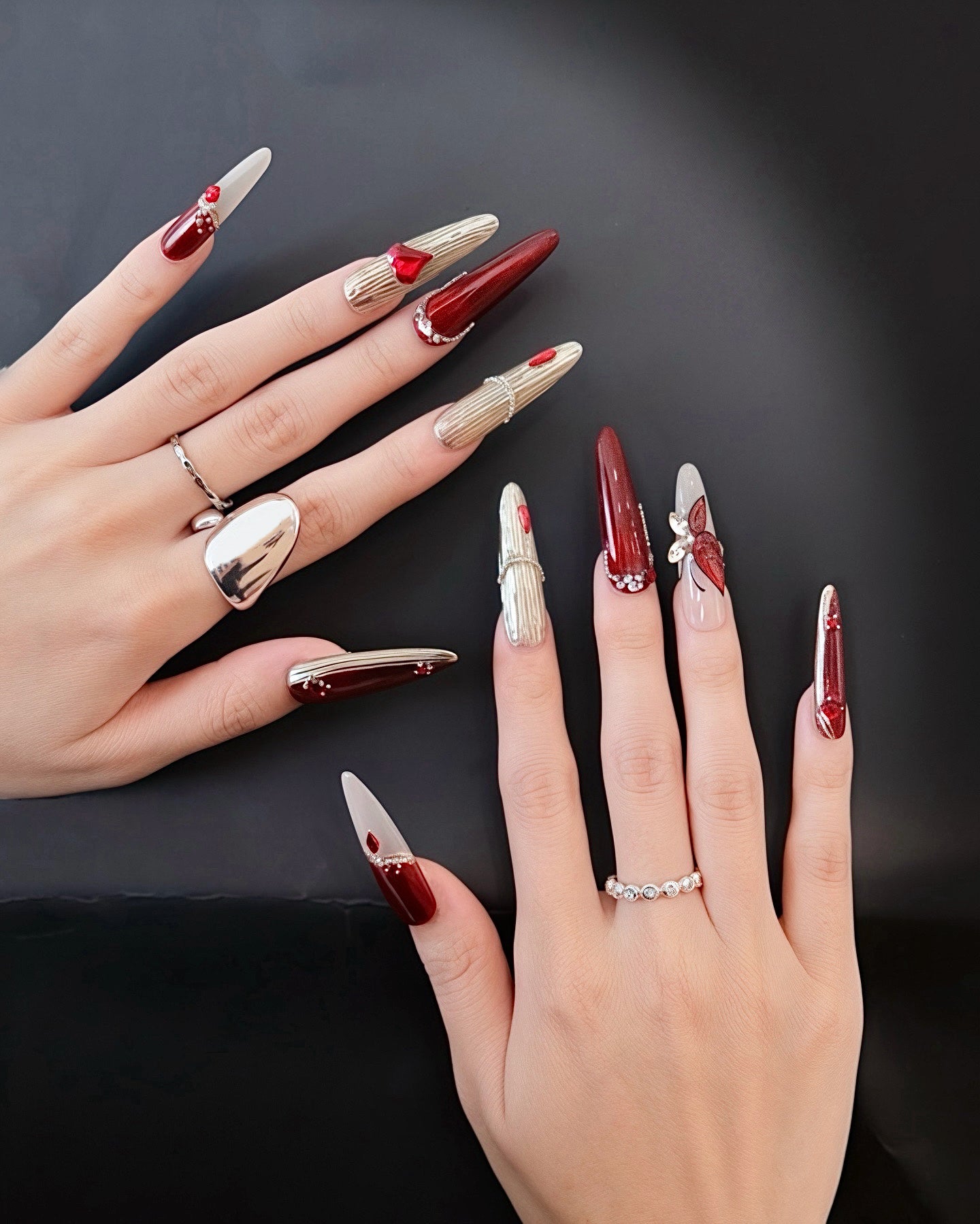 BUYRII X H² Extra Long Stiletto Ruby Gem & Diamond French Manicure Press On Nails