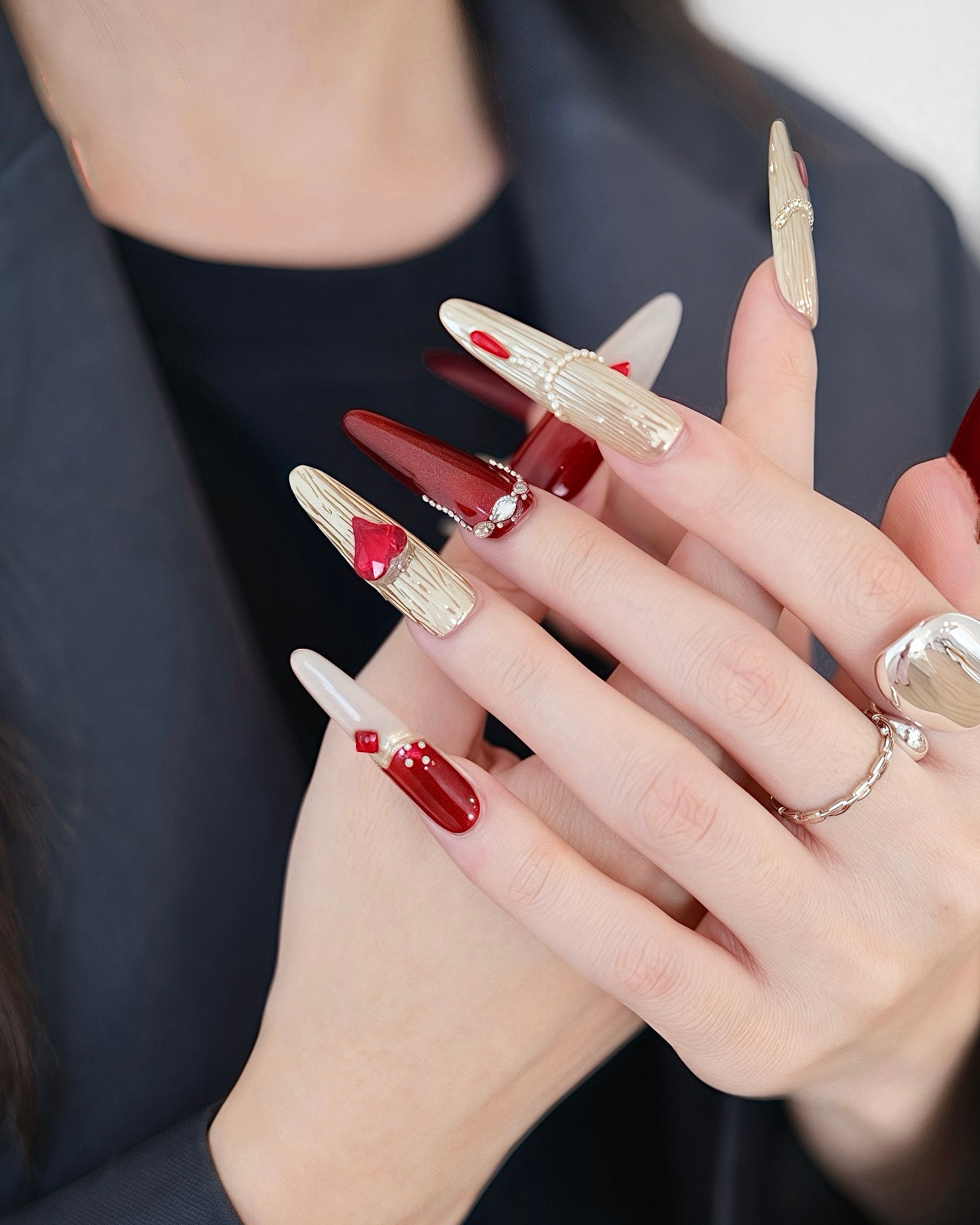 BUYRII X H² Extra Long Stiletto Ruby Gem & Diamond French Manicure Press On Nails