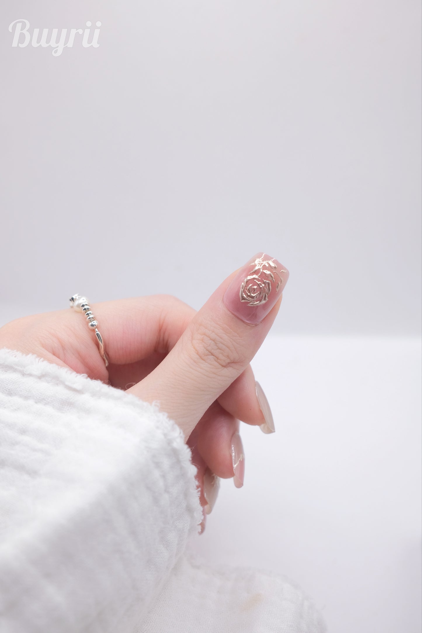 Short Coffin Pink Gold Embossed Rose Press On Nails