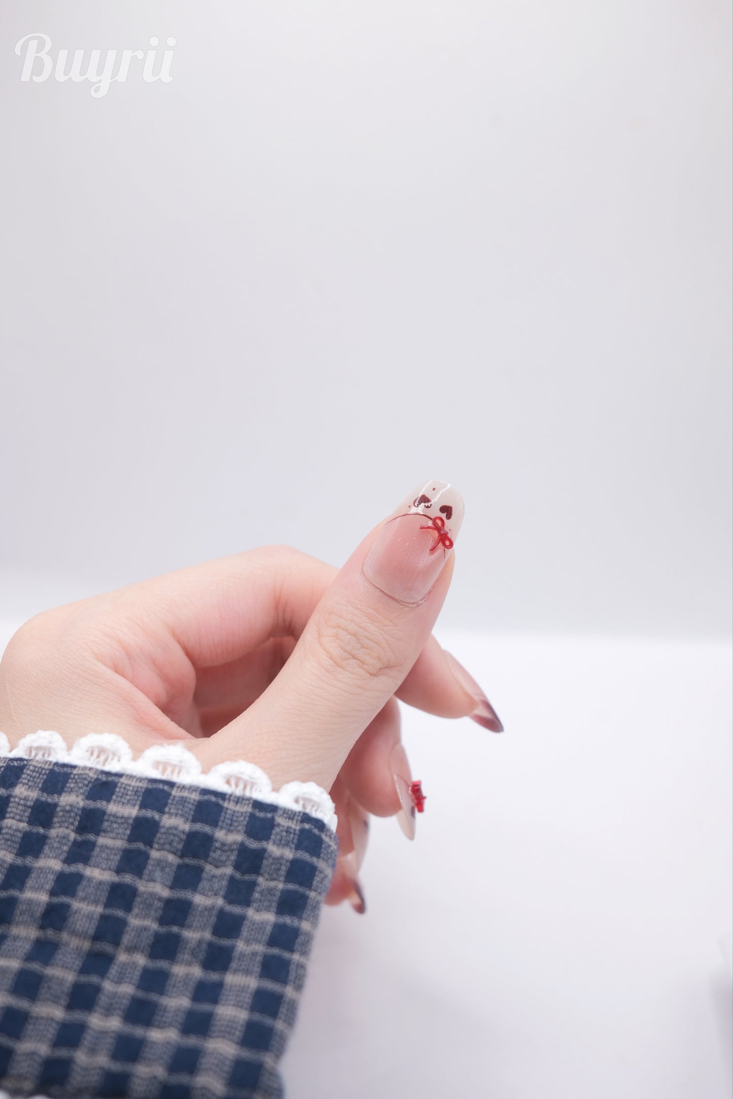 Mid-Long Oval Nude Color & Red Bowtie Press On Nails