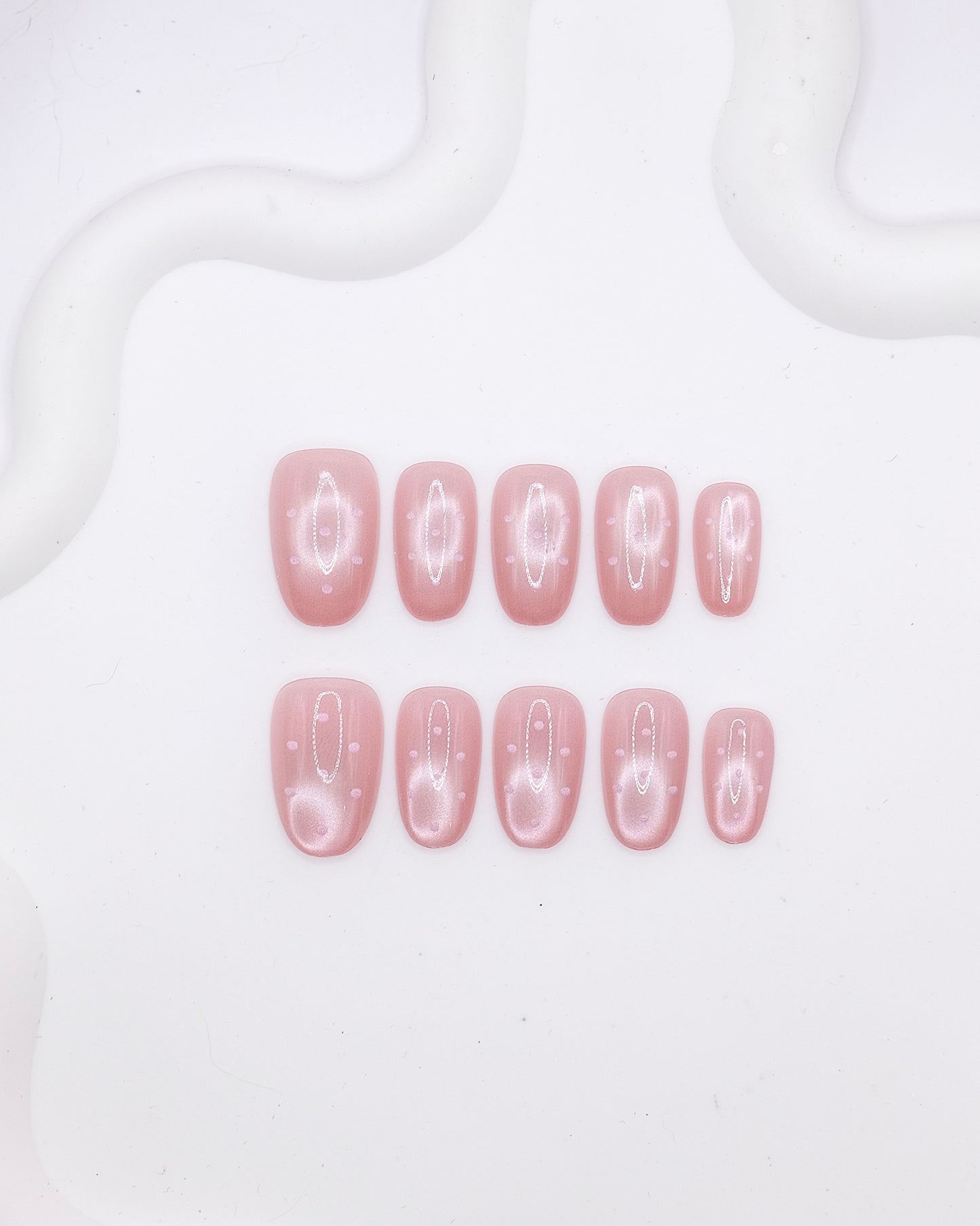 Mid-Long Oval Pink Pearl Polka Dot Press On Nails