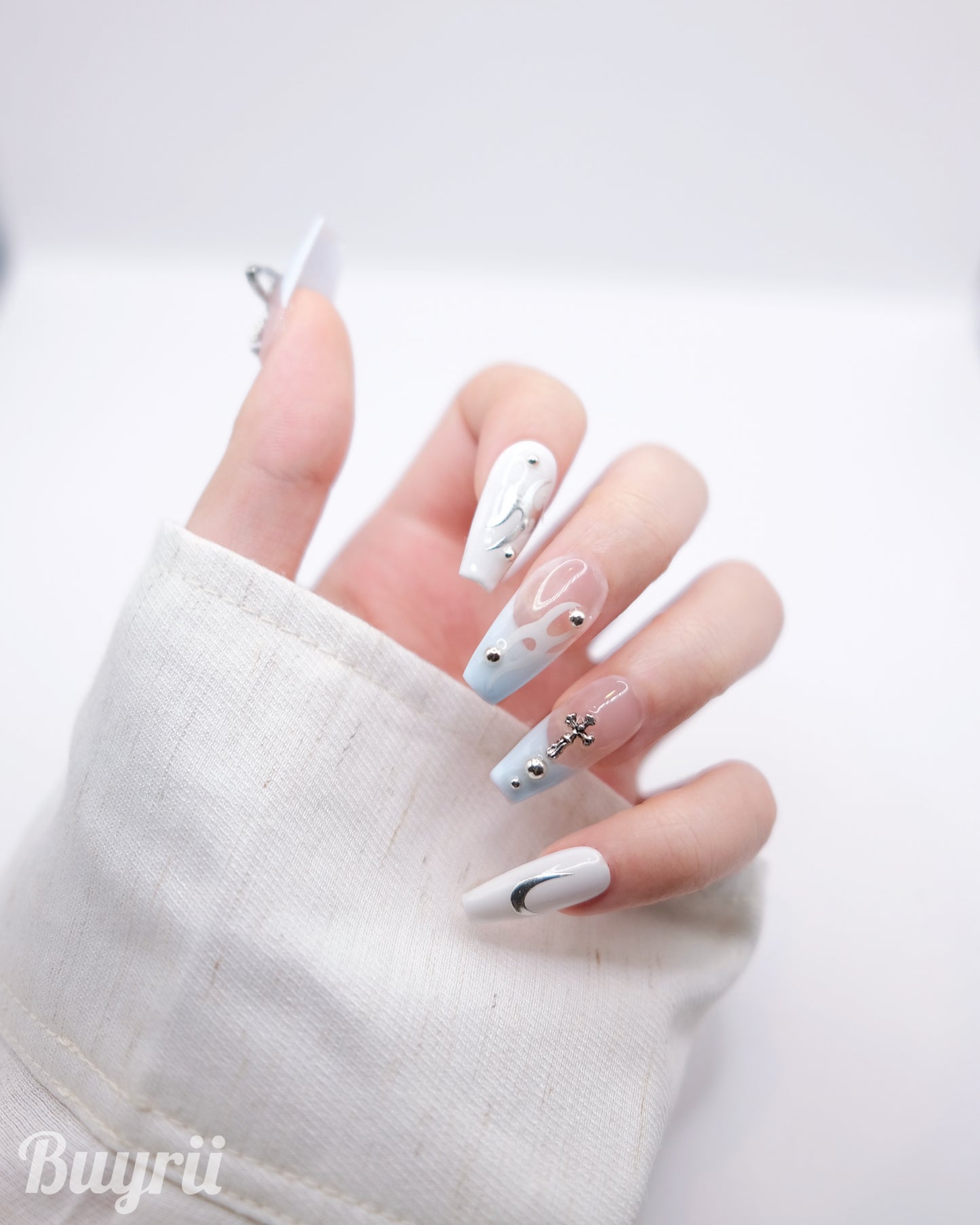 Long Coffin Blue & White 3D Saturn With Love Heart Press On Nails