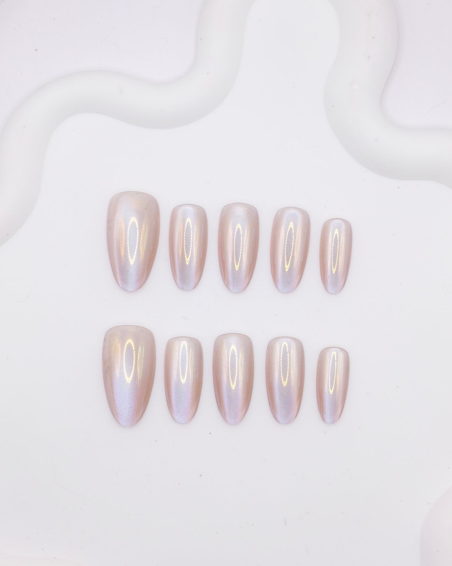 Long Almond Nude Pearl Aurora Chrome Press On Nails
