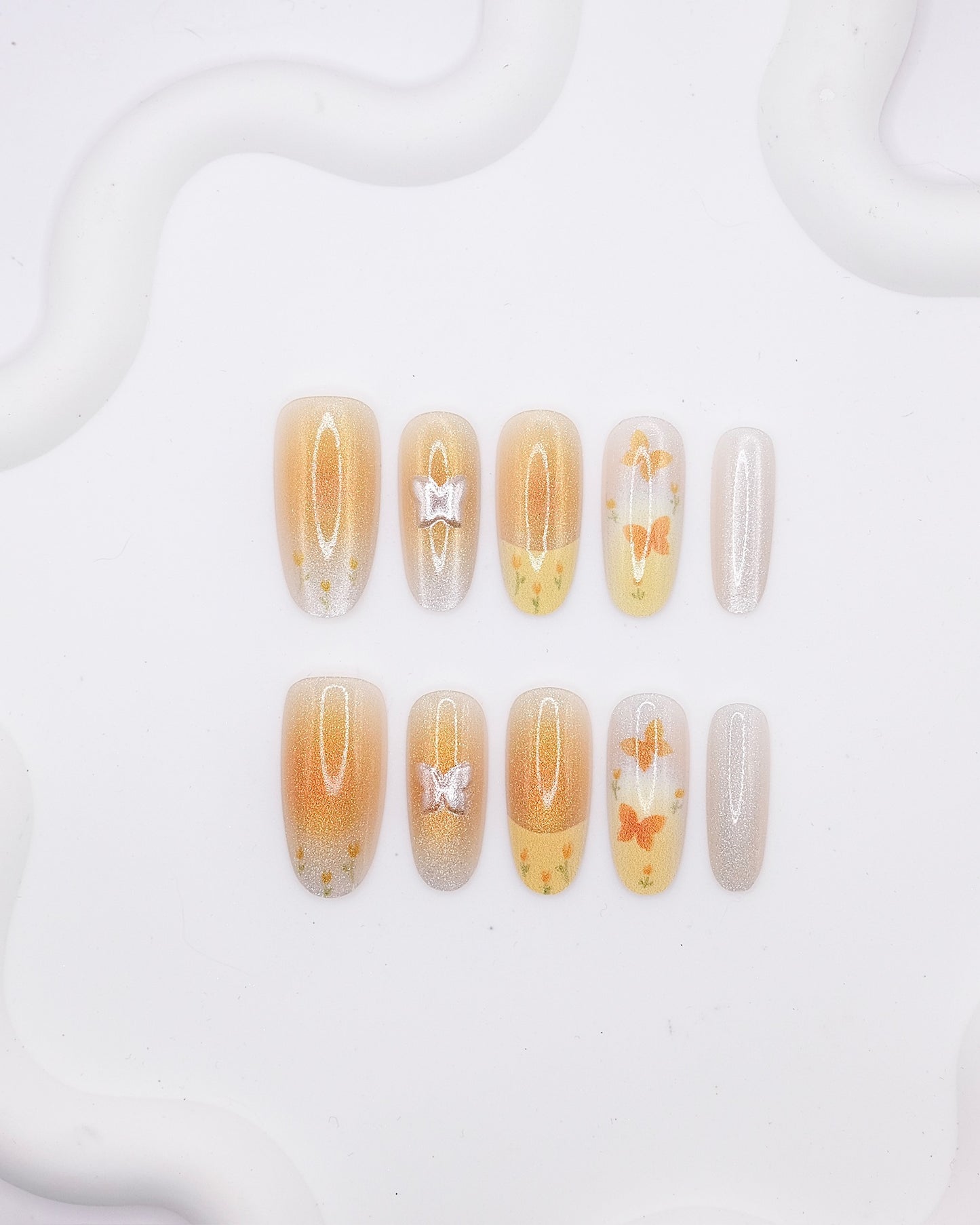 Long Oval 3D Orange Butterfly Floral Press On Nails