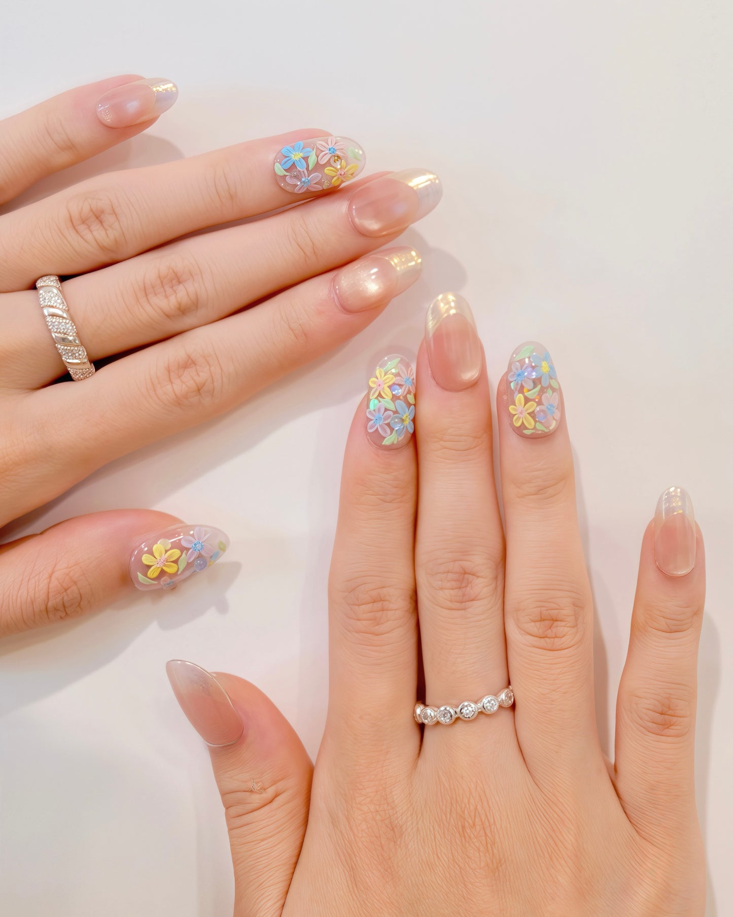 BUYRII X H² Short Oval Pink Painted Colorful Flower Road Press On Nails
