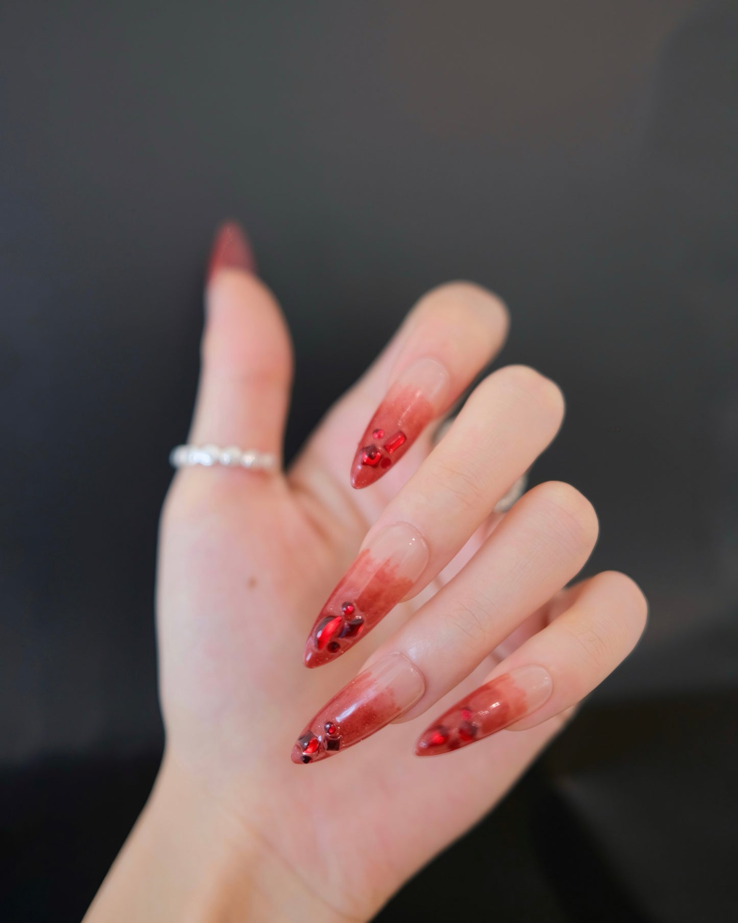 BUYRII X H² Long Stiletto Ruby French Manicure Crimson Memory Press On Nails
