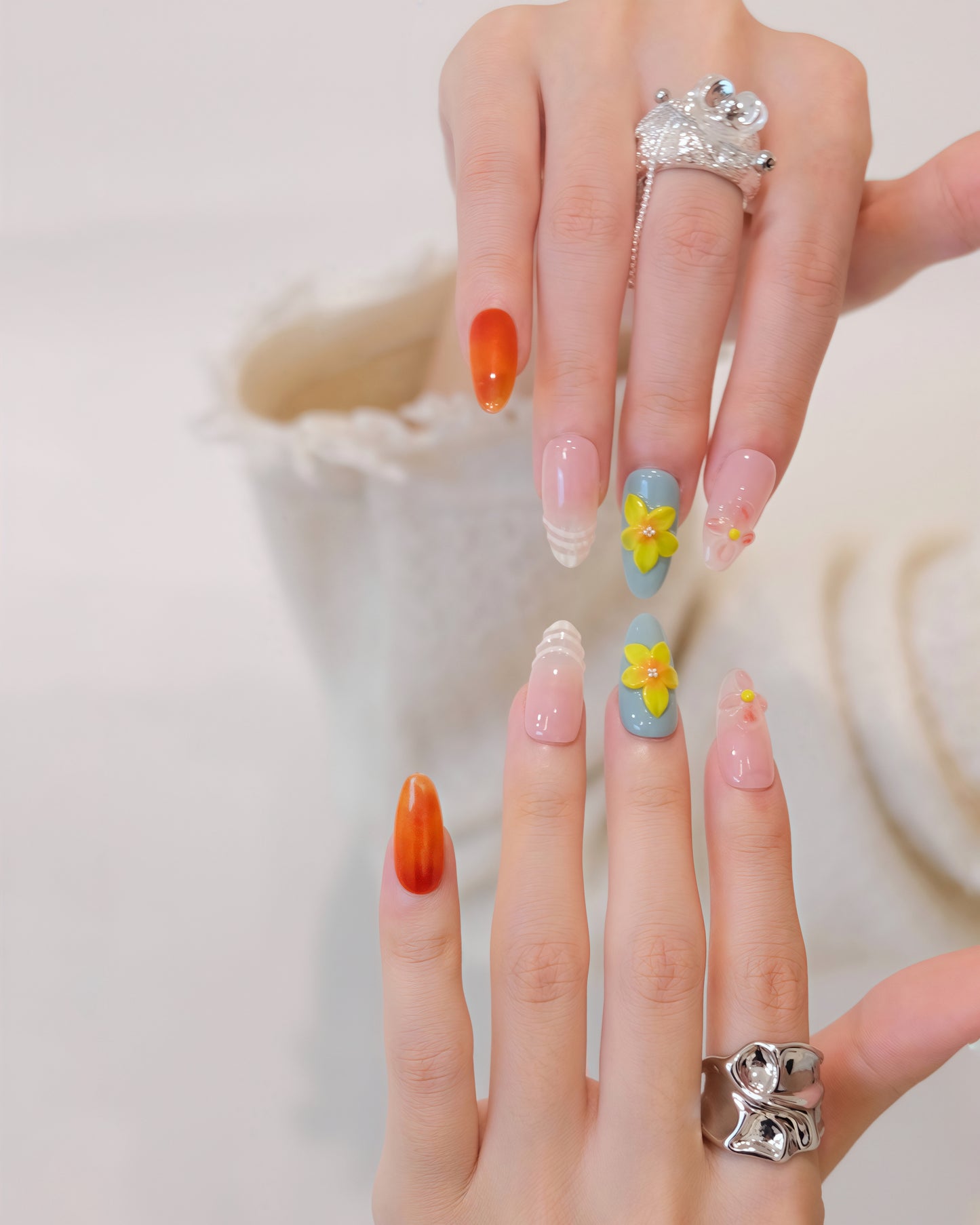 BUYRII X H² Mid-Long Oval Colorful Flower Road Boutique Press On Nails