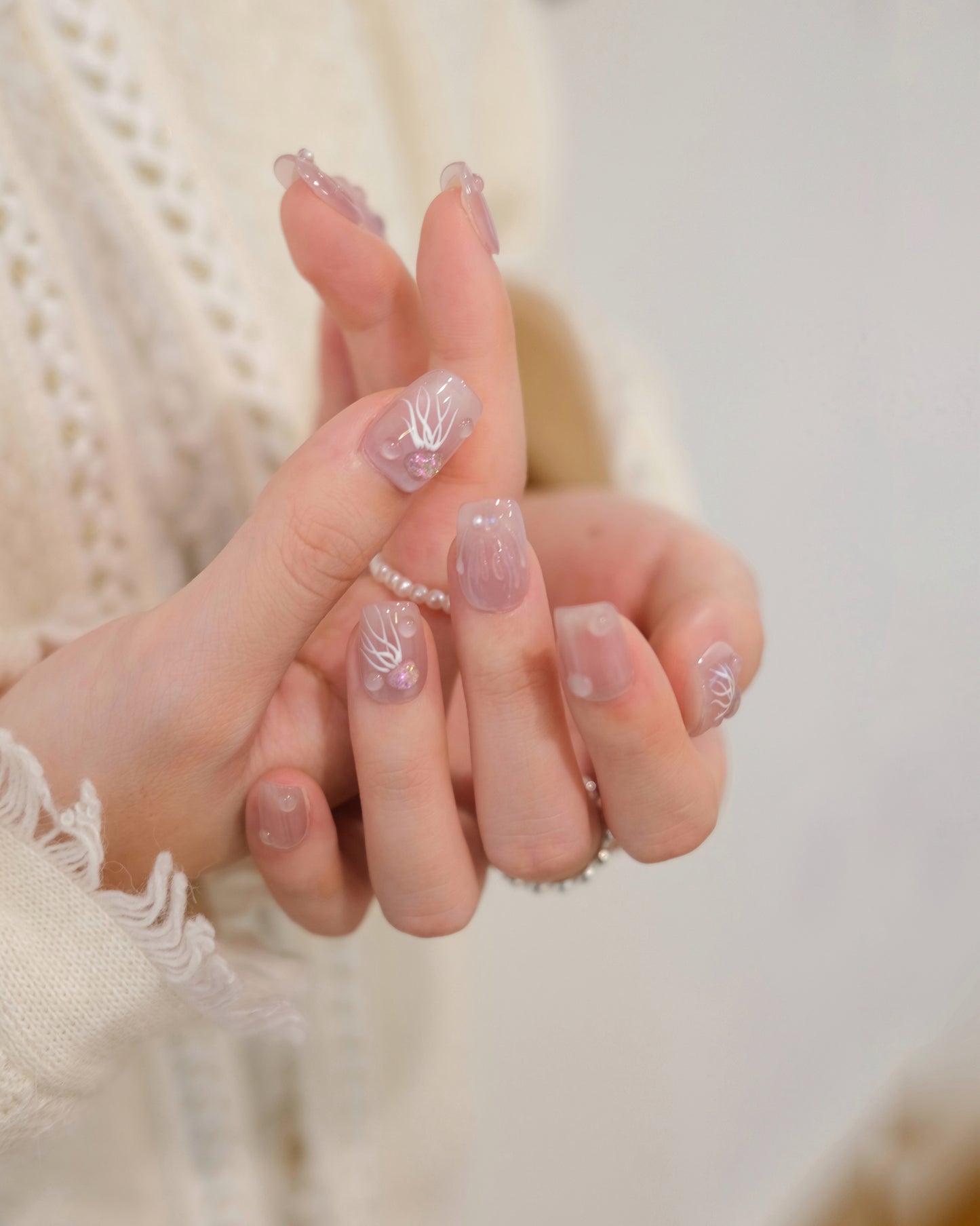 BUYRII X H² Short Coffin Pink Embossed Jellyfish Shy Press On Nails