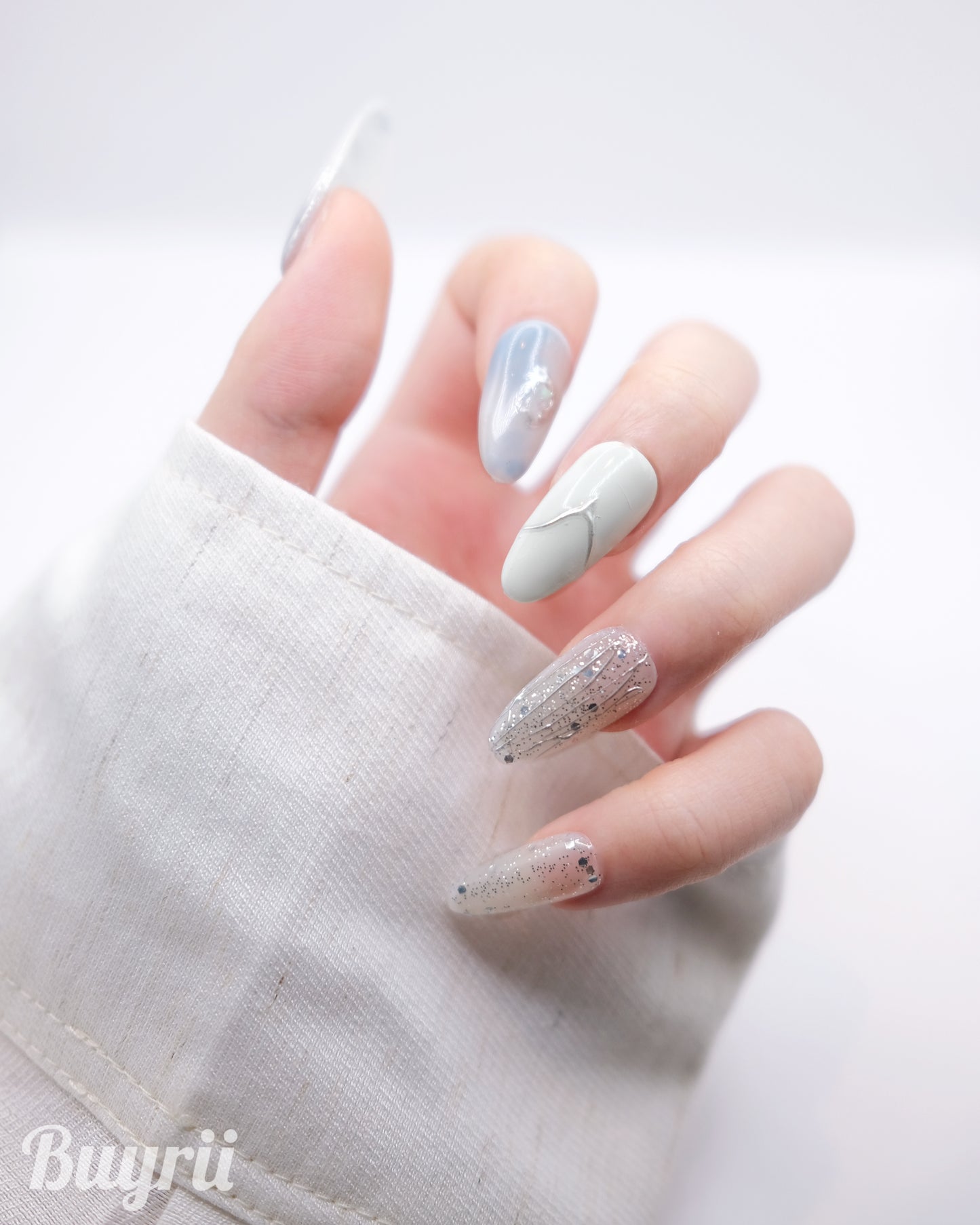 Long Almond Blue & White Pearl Press On Nails