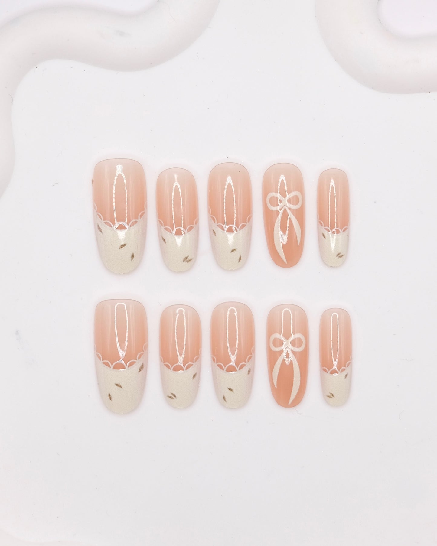 Long Almond Nude Color White French Manicure Bowtie Press On Nails