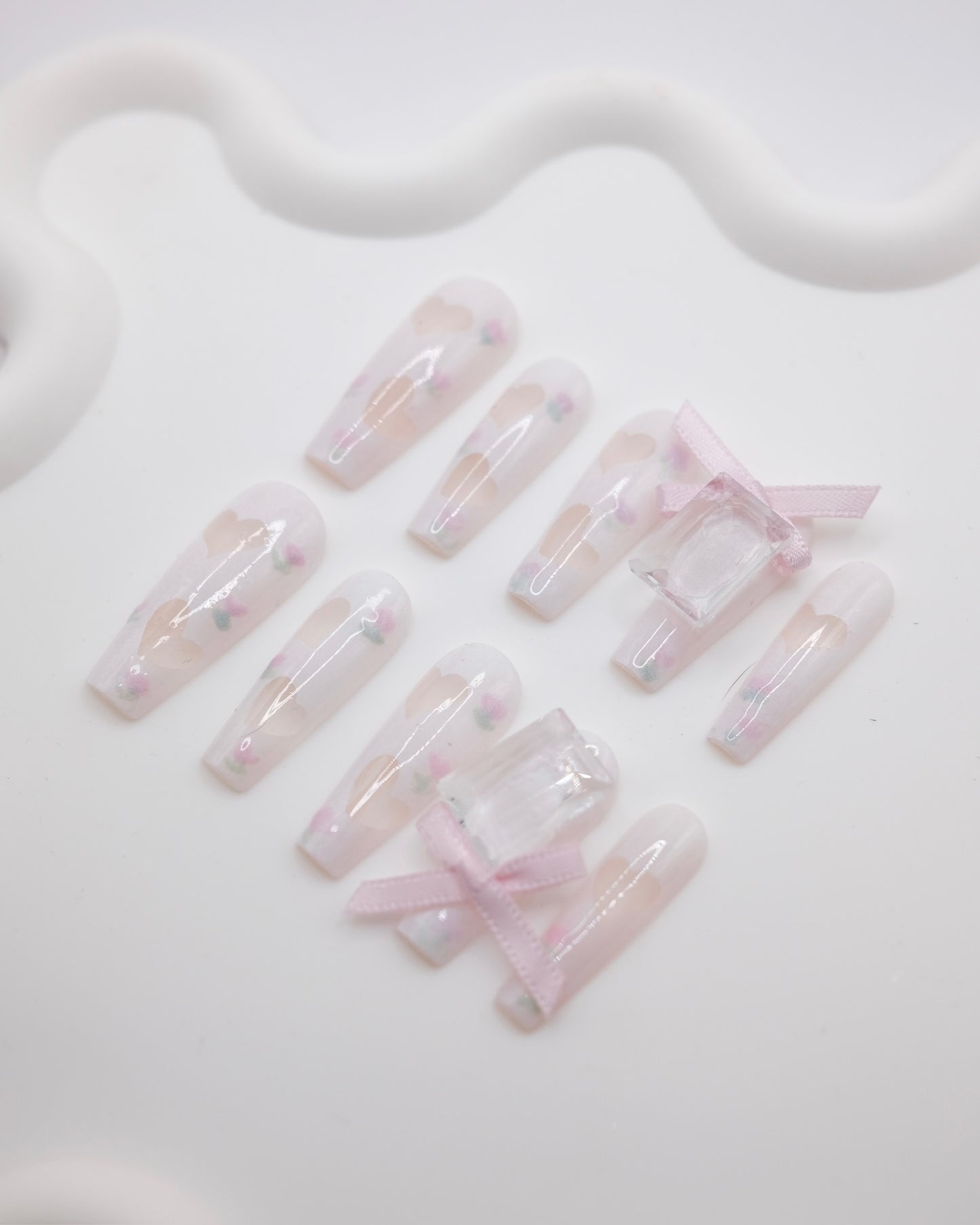 Extra Long White Love Print With Bowtie & Square Gem Press On Nails