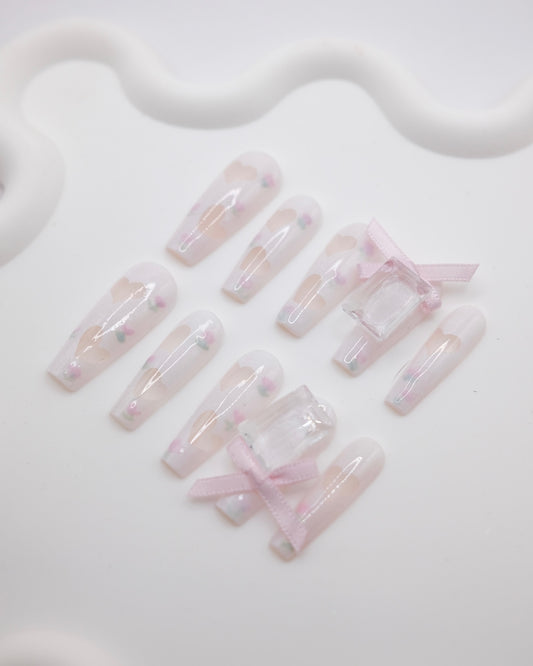 Extra Long White Love Print With Bowtie & Square Gem Press On Nails
