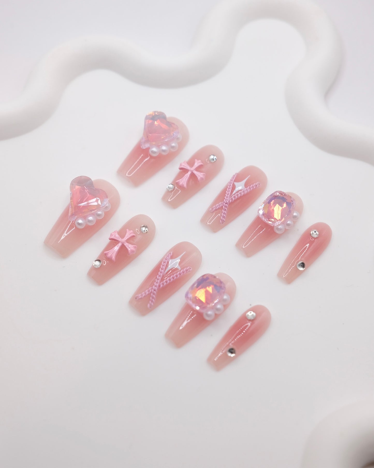Long Coffin Pink Love Heart With Pink Diamond Press On Nails