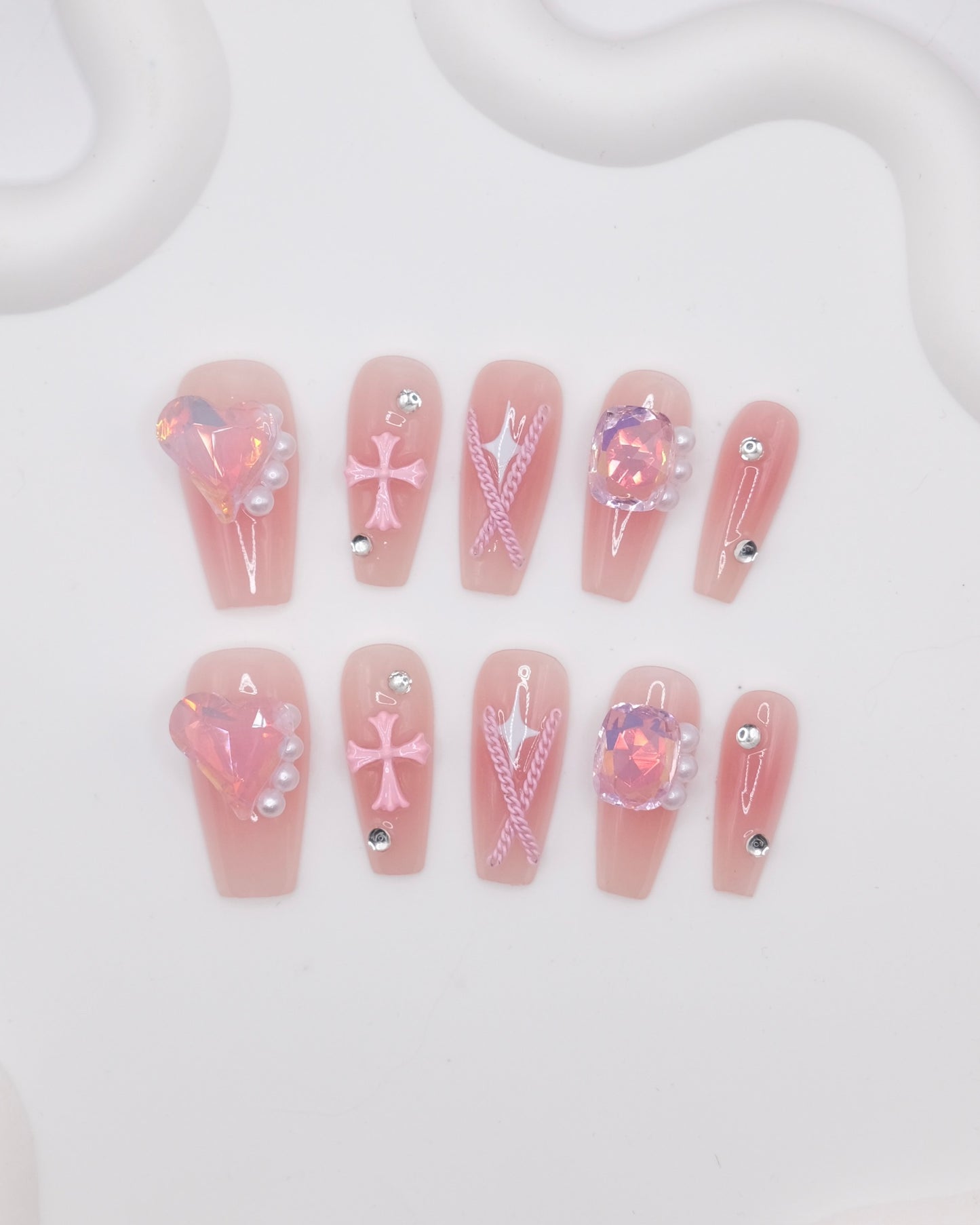 Long Coffin Pink Love Heart With Pink Diamond Press On Nails
