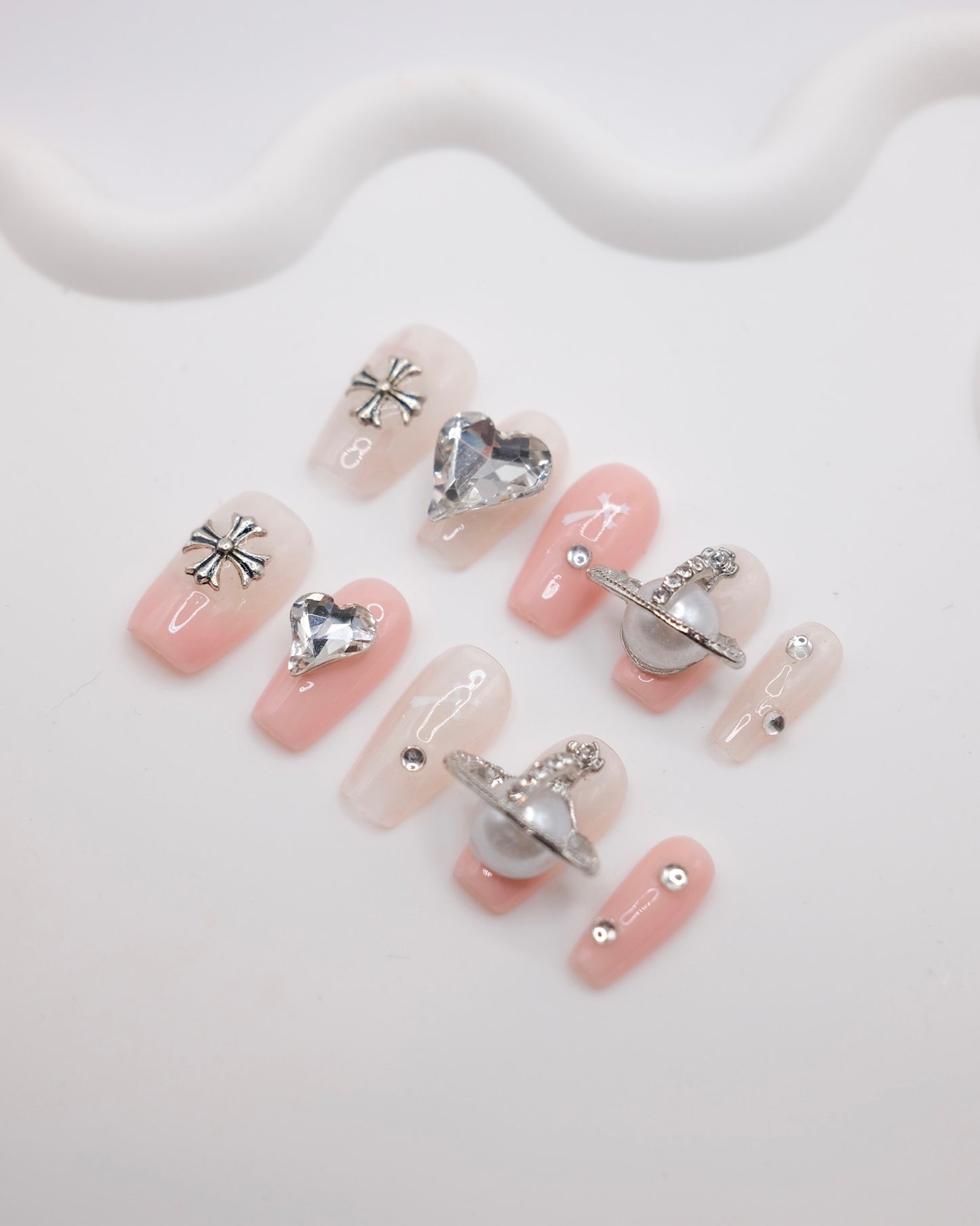 Mid-Long Coffin Pink Saturn Accessories With Diamond Press On Nails