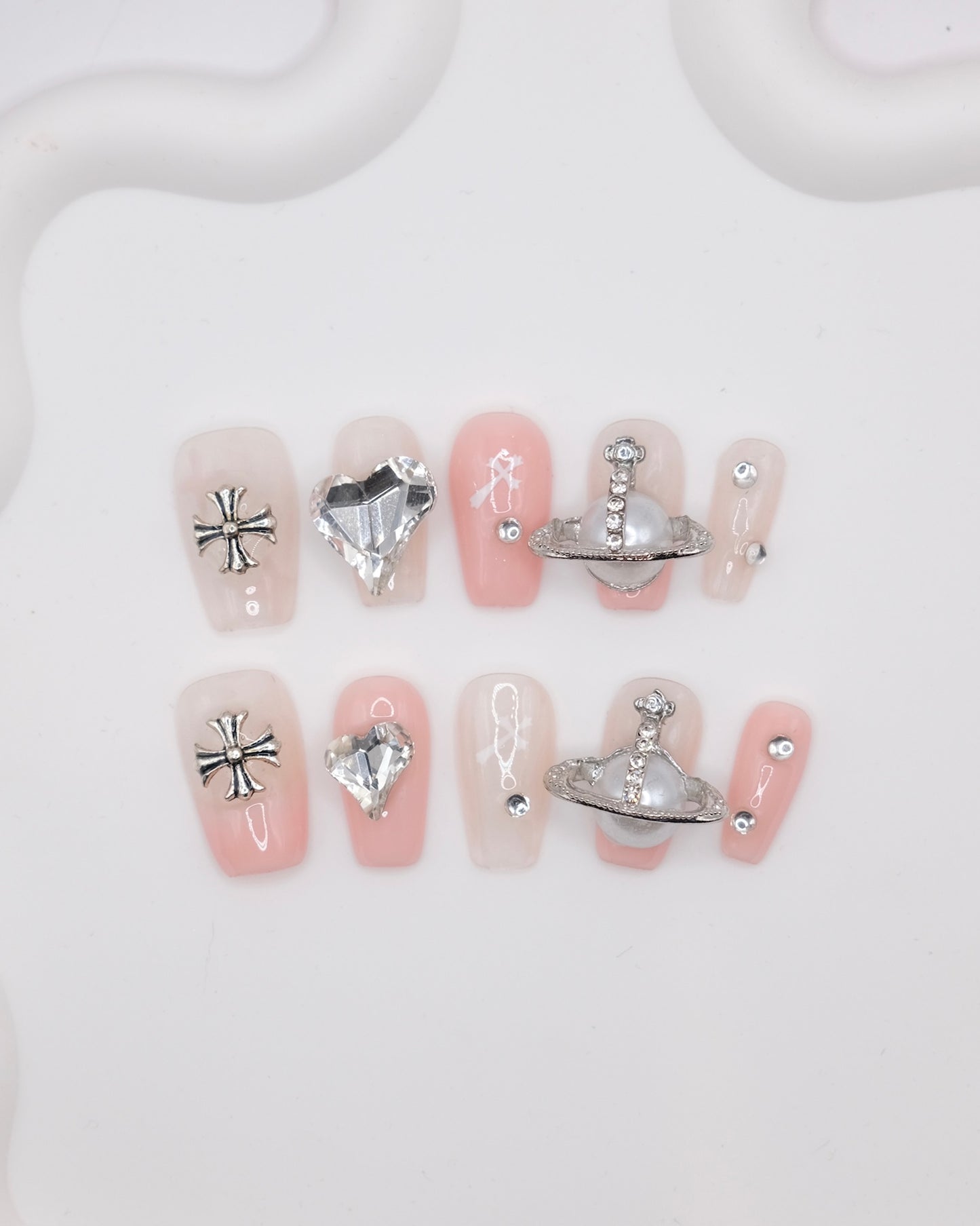 Mid-Long Coffin Pink Saturn Accessories With Diamond Press On Nails