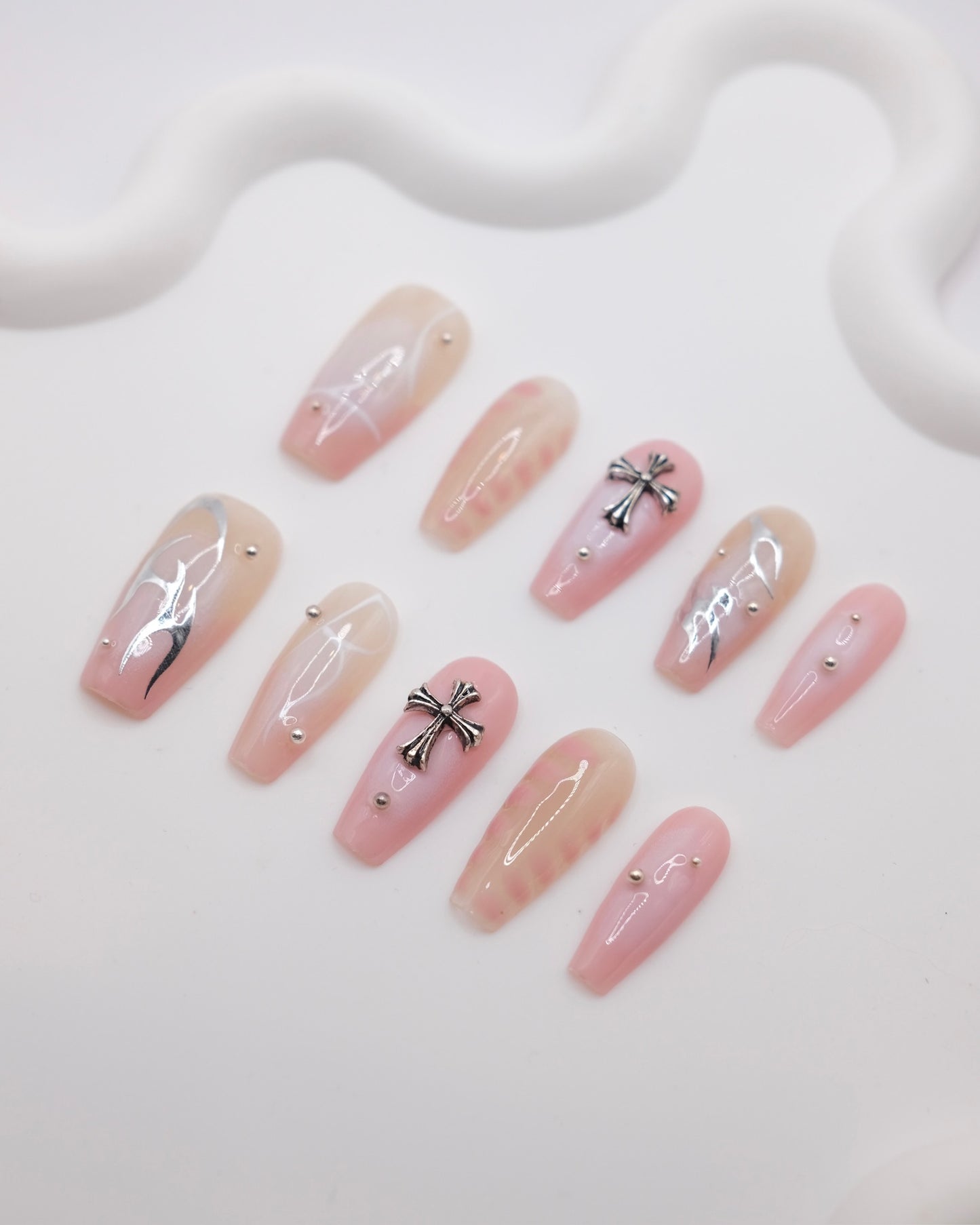 Long Coffin Pink & Gothic Cross WIth Silver Flame Press On Nails