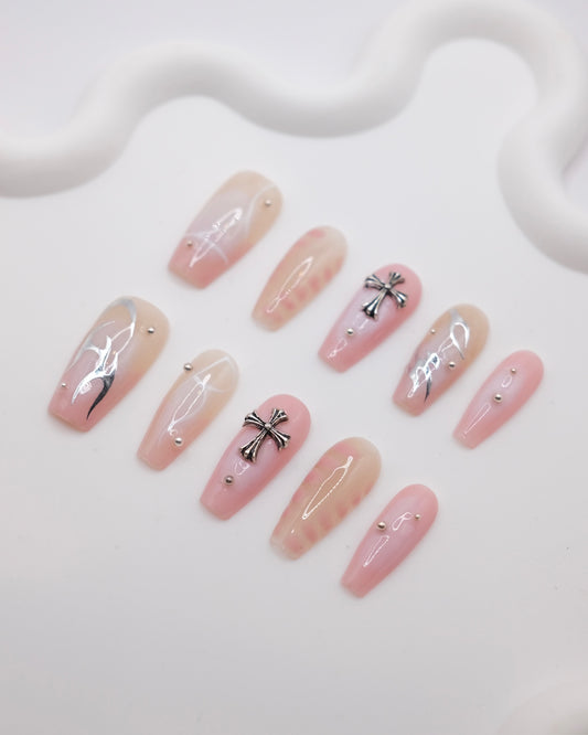 Long Coffin Pink & Gothic Cross WIth Silver Flame Press On Nails