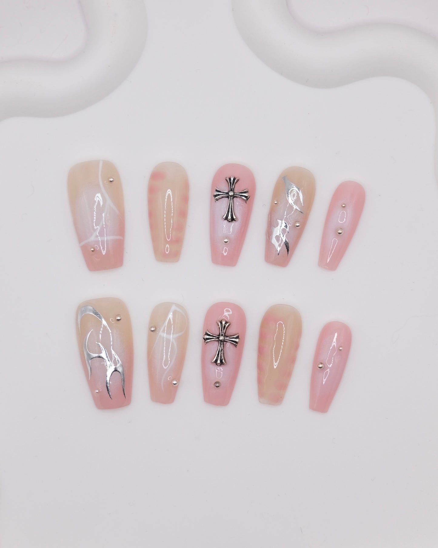 Long Coffin Pink & Gothic Cross WIth Silver Flame Press On Nails