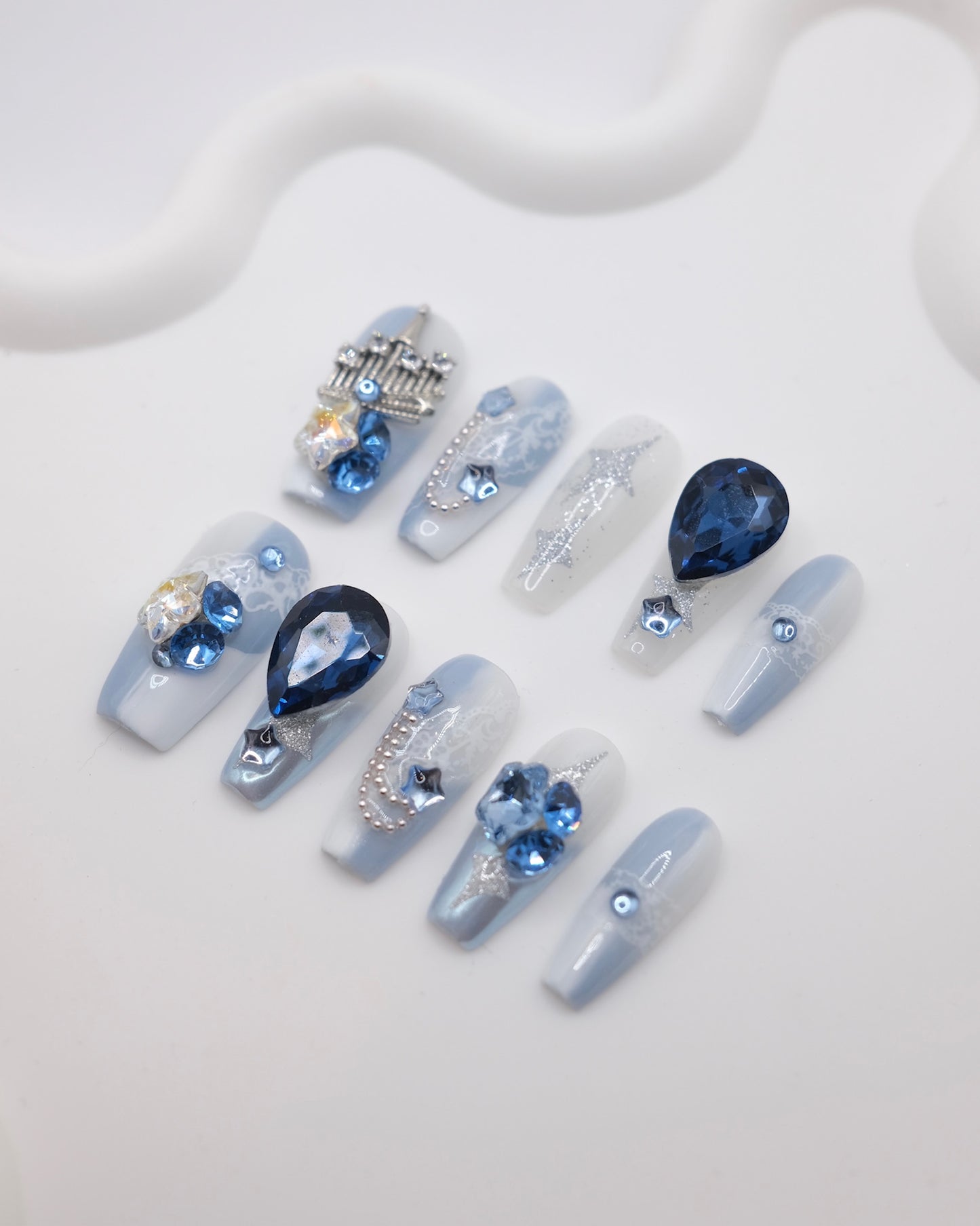 Mid-Long Coffin Snowing Disney Castle & Blue Diamond Press On Nails