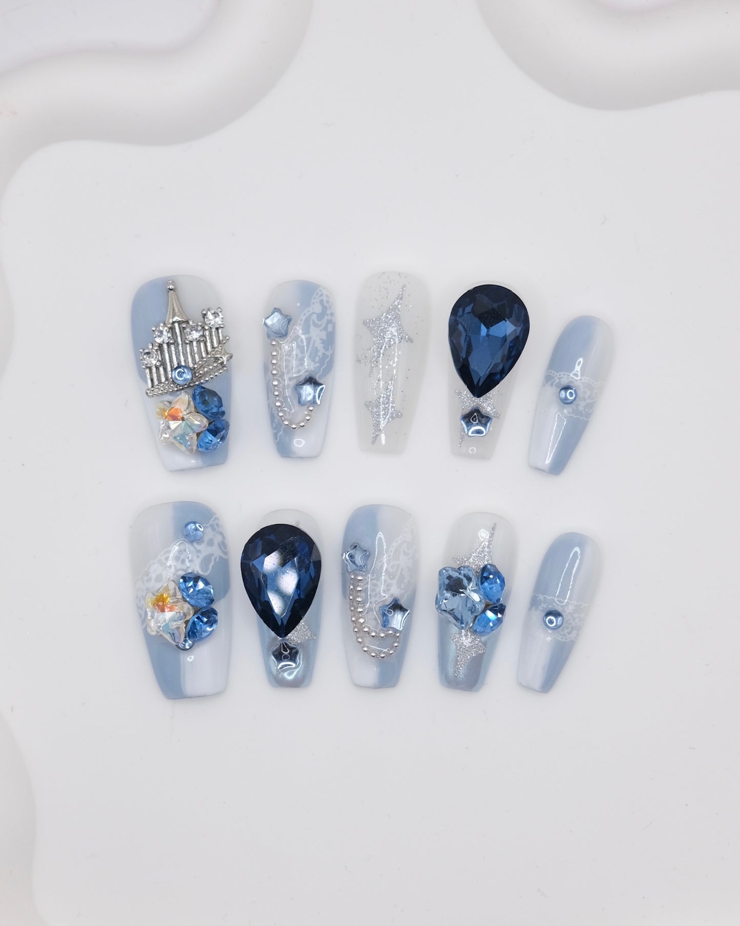 Mid-Long Coffin Snowing Disney Castle & Blue Diamond Press On Nails