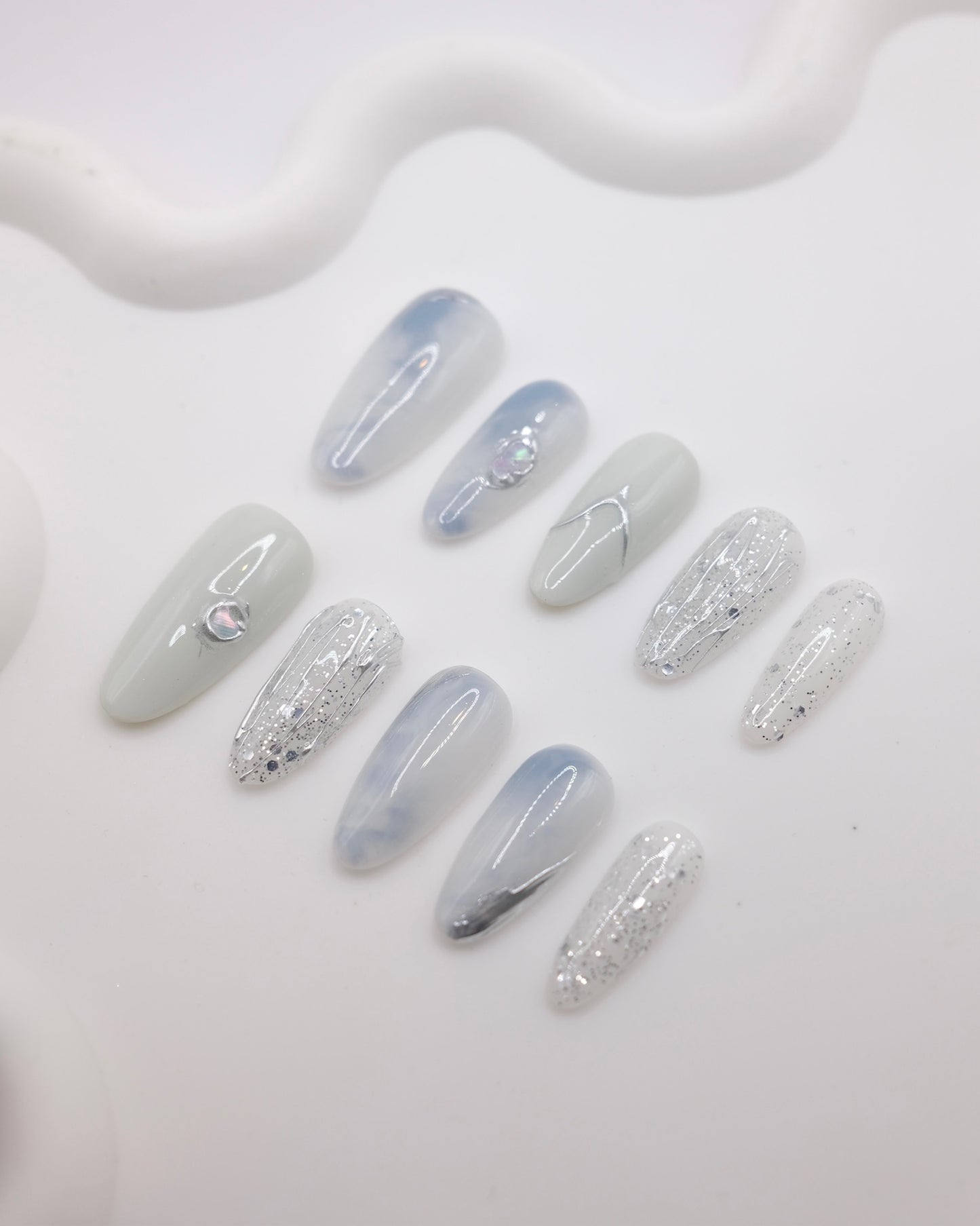 Long Almond Blue & White Pearl Press On Nails