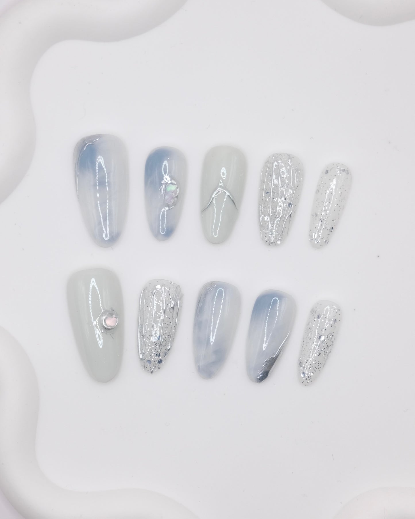 Long Almond Blue & White Pearl Press On Nails