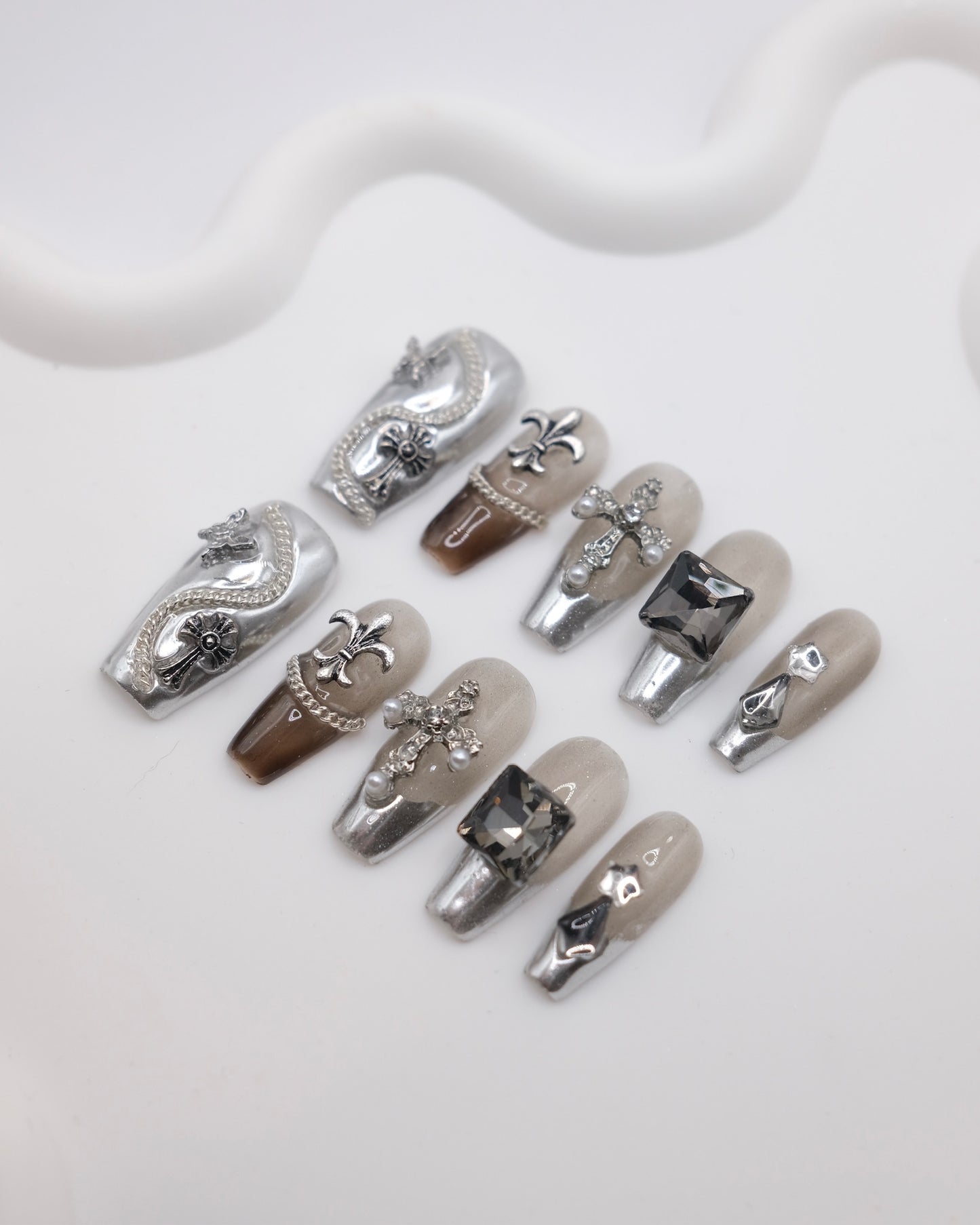Long Coffin Diamond Cross Gothic Press On Nails