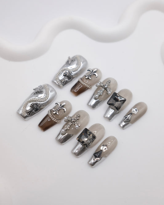 Long Coffin Diamond Cross Gothic Press On Nails