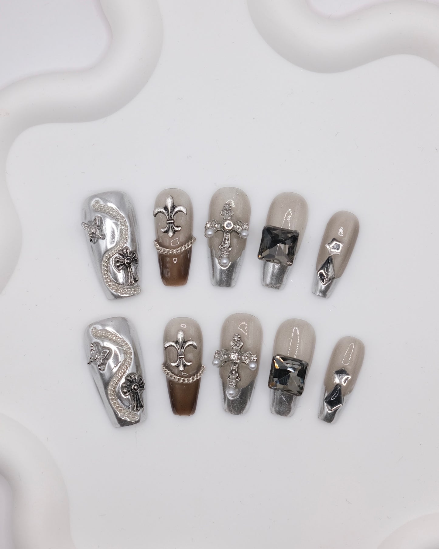 Long Coffin Diamond Cross Gothic Press On Nails