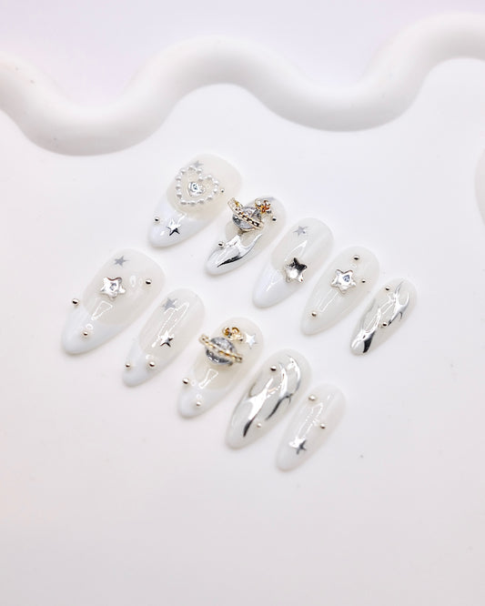 Long Oval Silver Flame Saturn Press On Nails