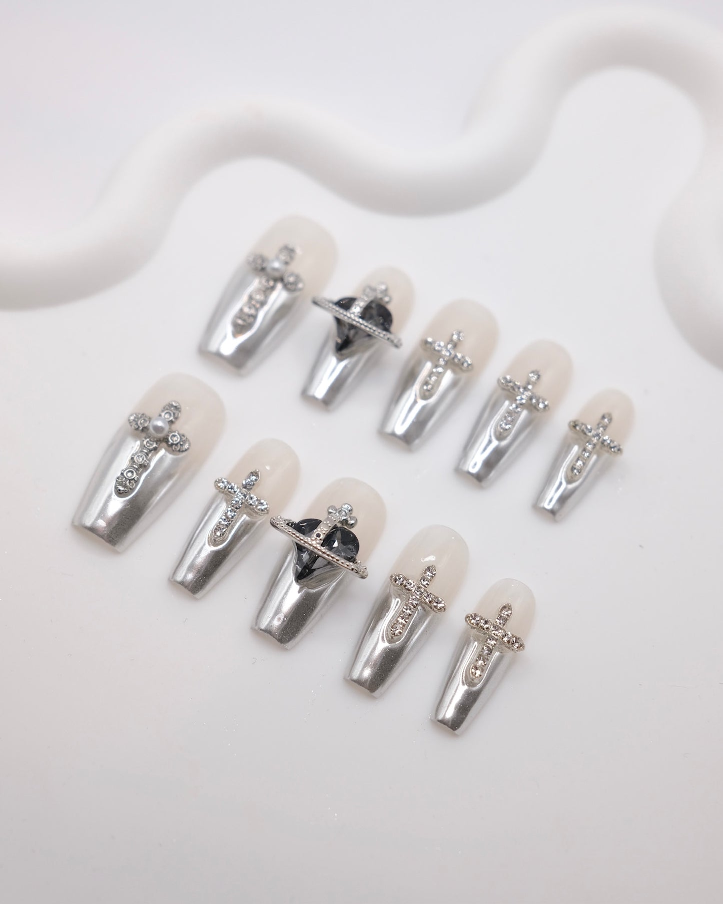 Long Coffin White Gothic Style Press On Nails