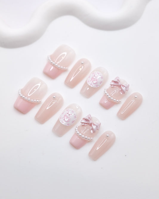 Short Coffin Pink Princess Accessories With Diamond Press On Nails