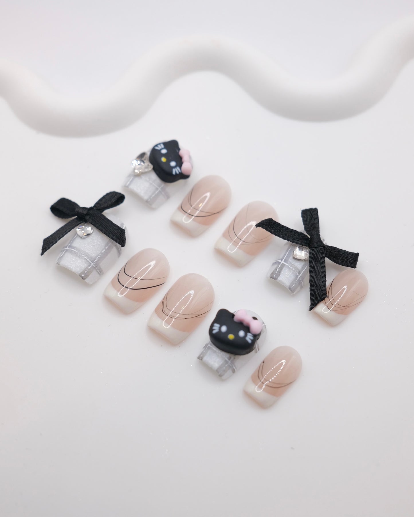 Short Coffin Black Bowtie & Hello Kitty Press On Nails