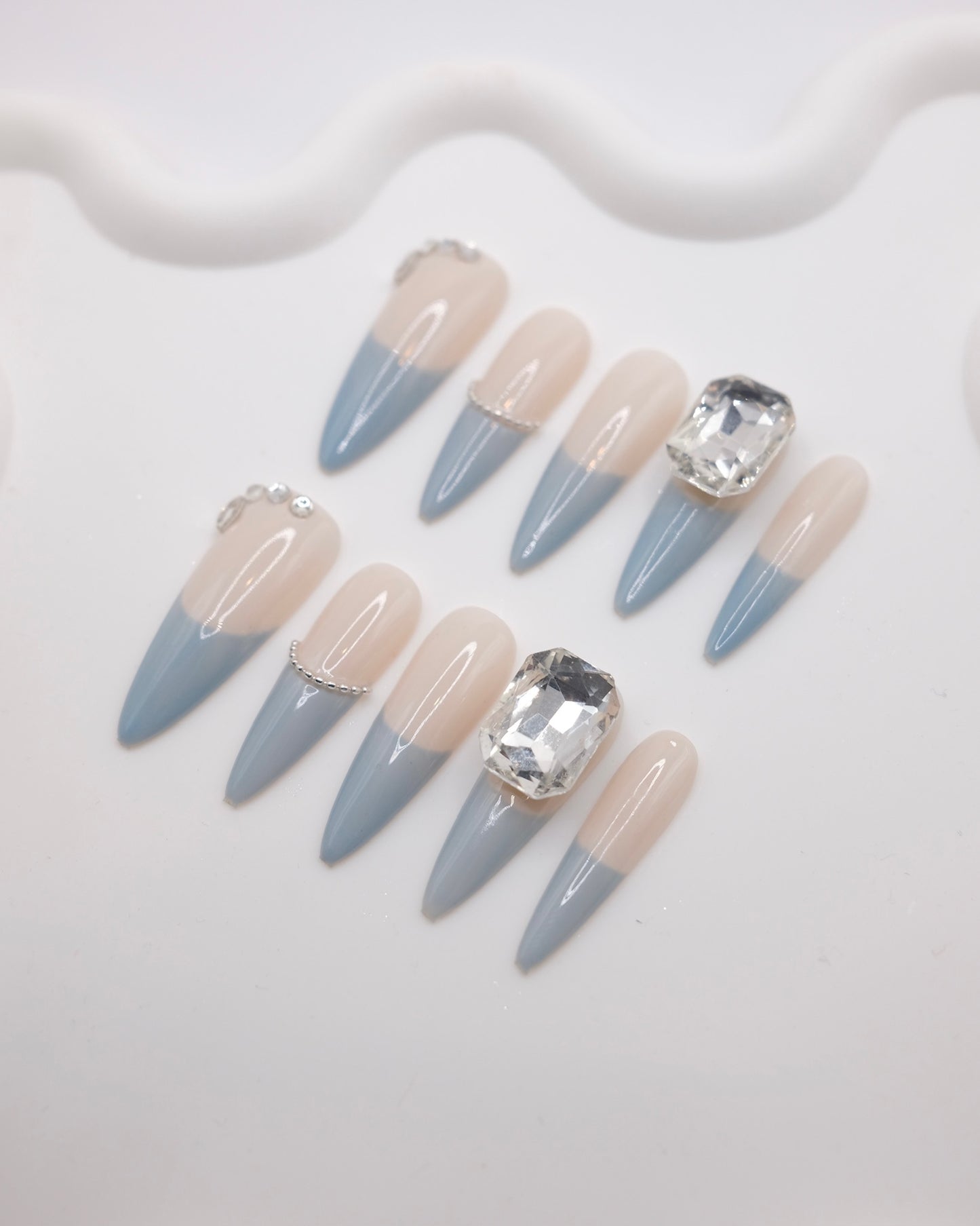 Extra Long Blue French Manicure With 5 Carats Diamond Press On Nails