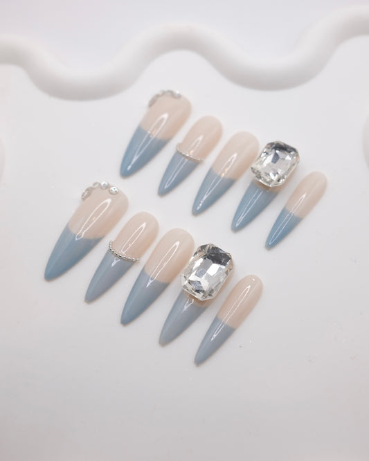 Extra Long Blue French Manicure With 5 Carats Diamond Press On Nails