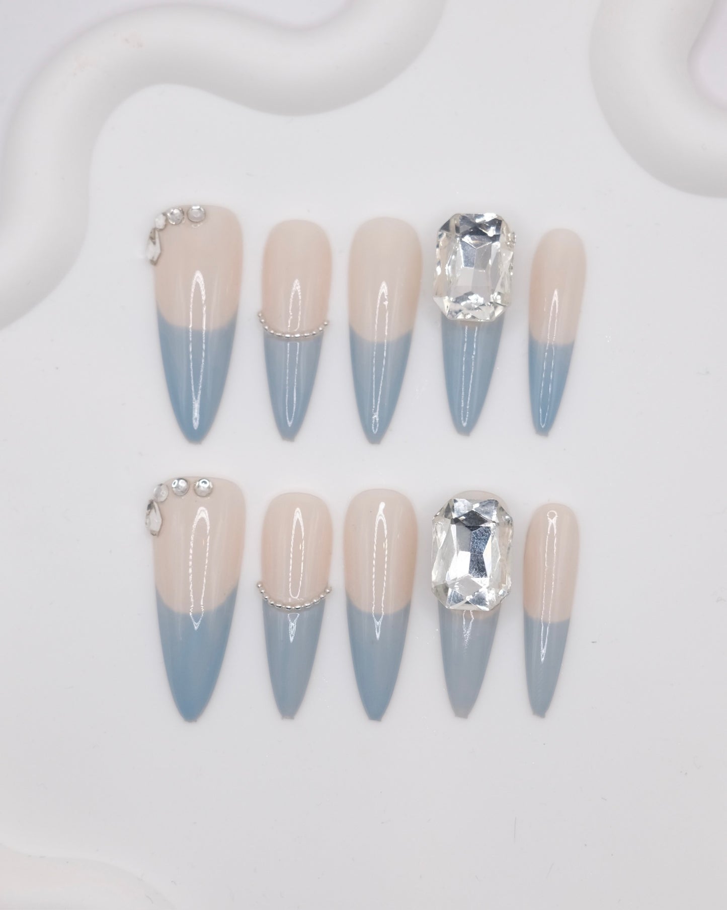 Extra Long Blue French Manicure With 5 Carats Diamond Press On Nails