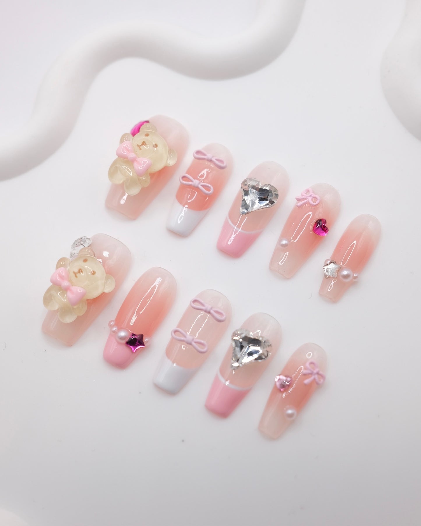 Long Coffin Pink Bear On Valentine's Day Press On Nails