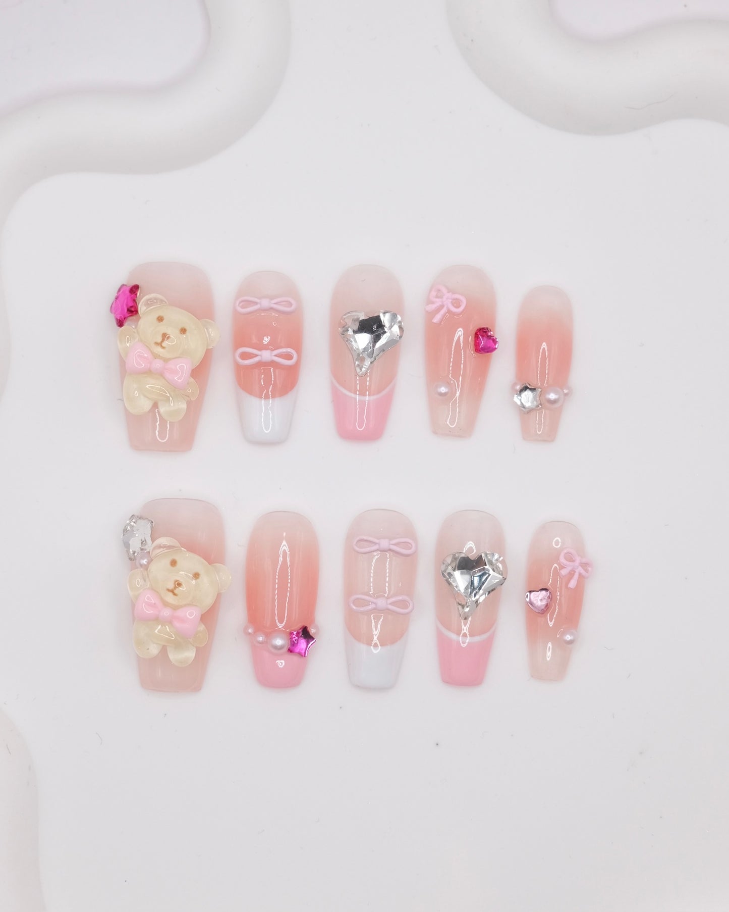 Long Coffin Pink Bear On Valentine's Day Press On Nails