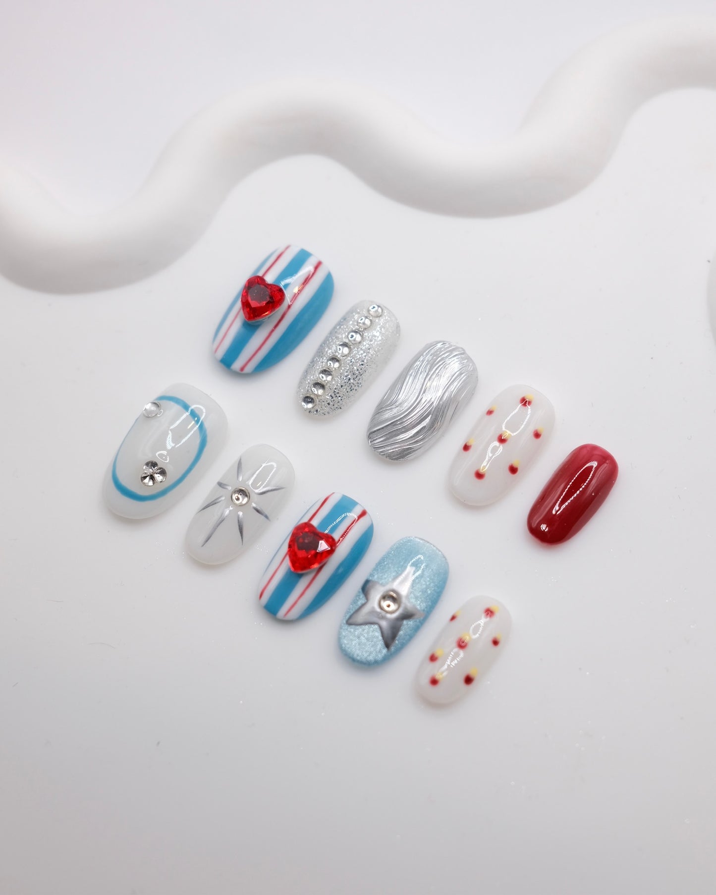 Short Oval Vintage Blue Valentine's Love Heart Press On Nails