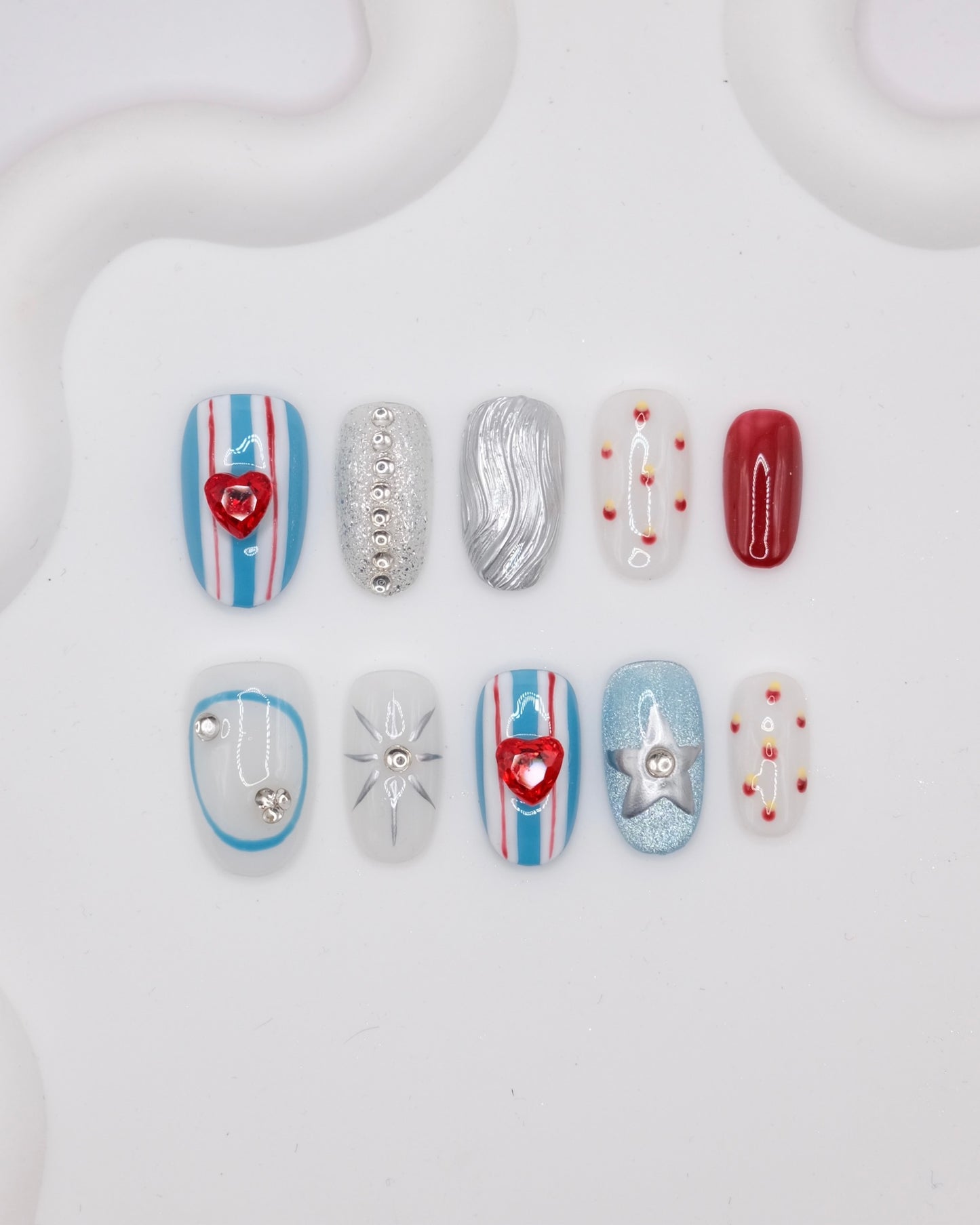 Short Oval Vintage Blue Valentine's Love Heart Press On Nails