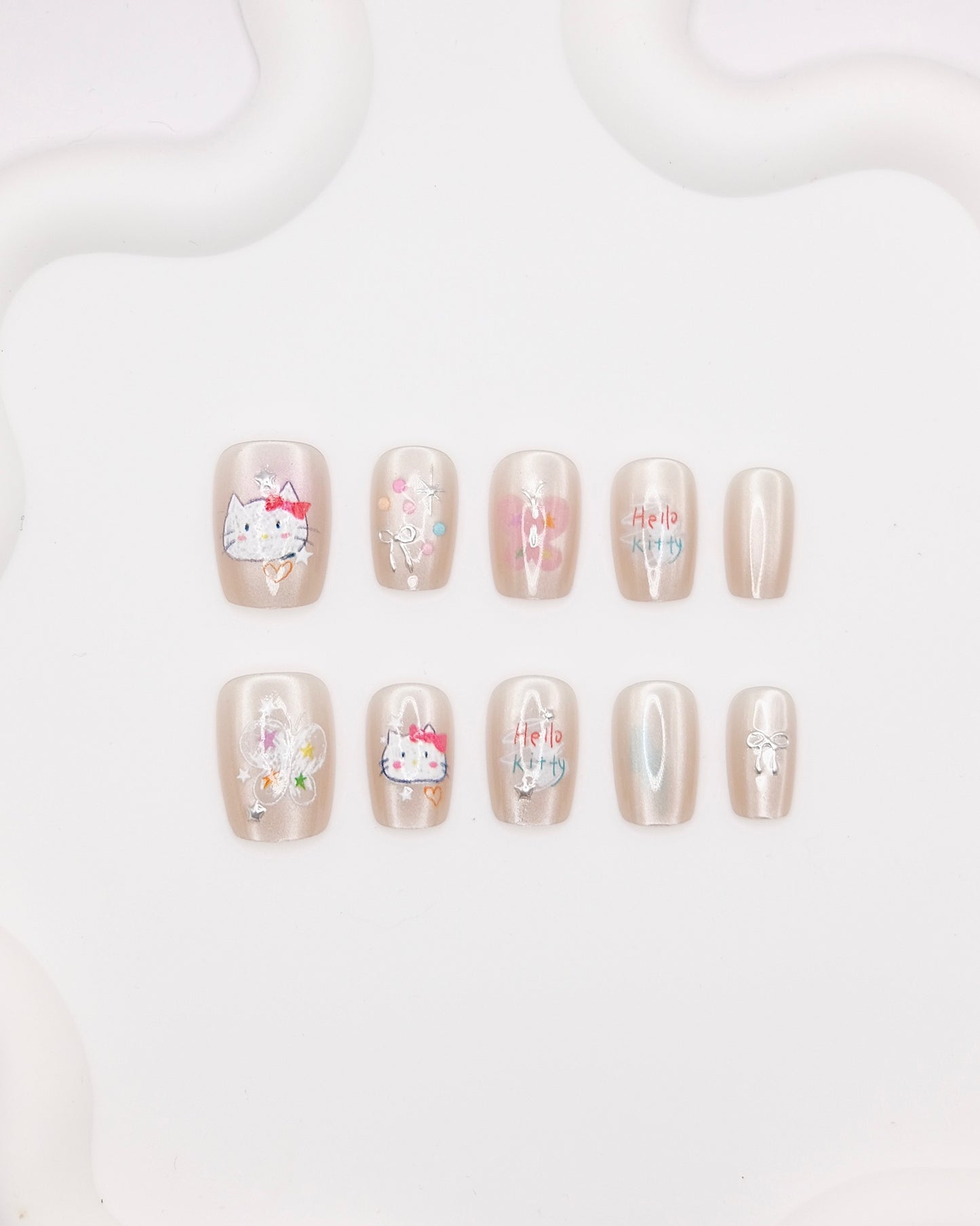 Short Coffin Nude Color Hello Kitty Hand Drawing STYLE Press On Nails
