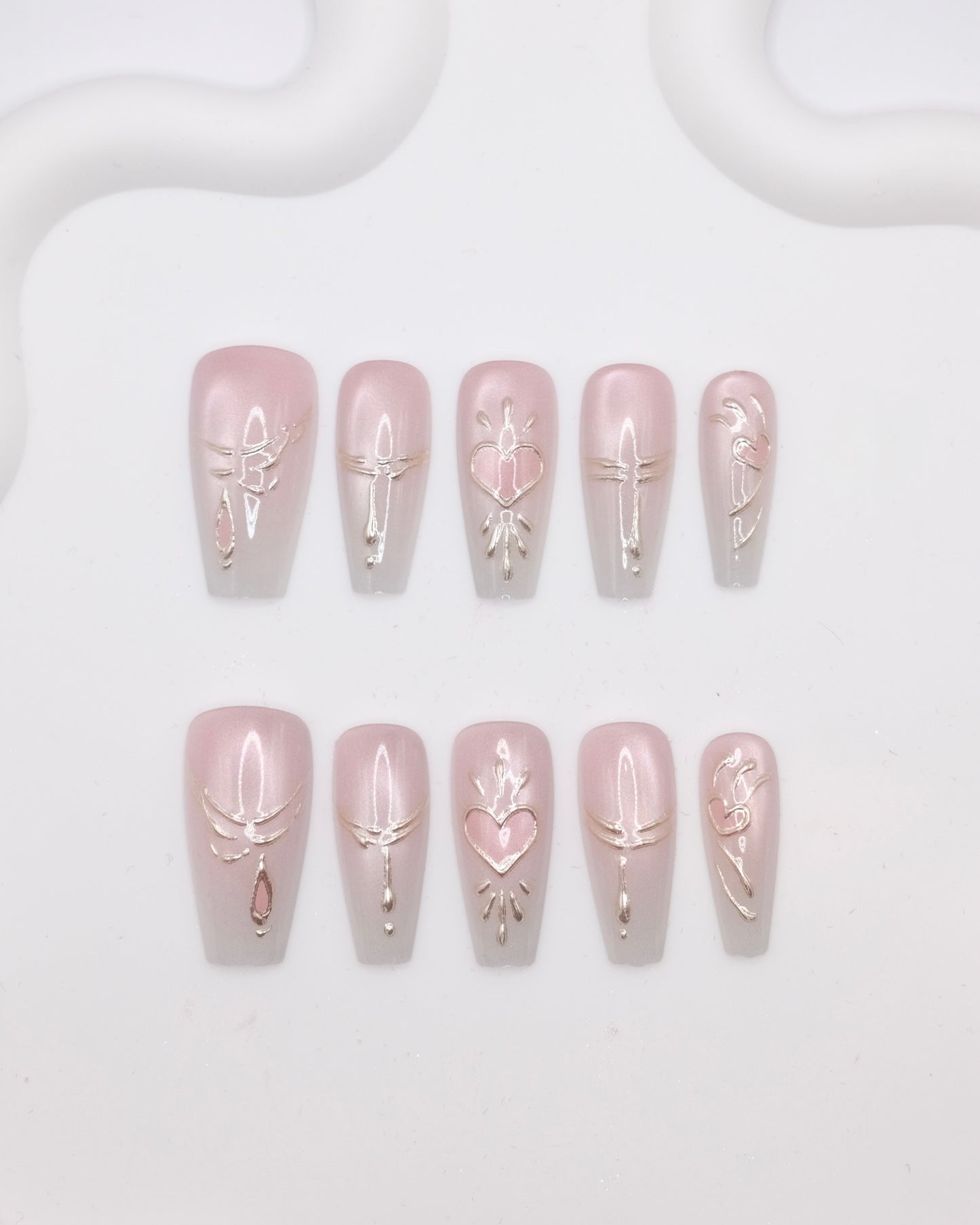 Long Coffin Light Pink Embossed Love Heart Press On Nails