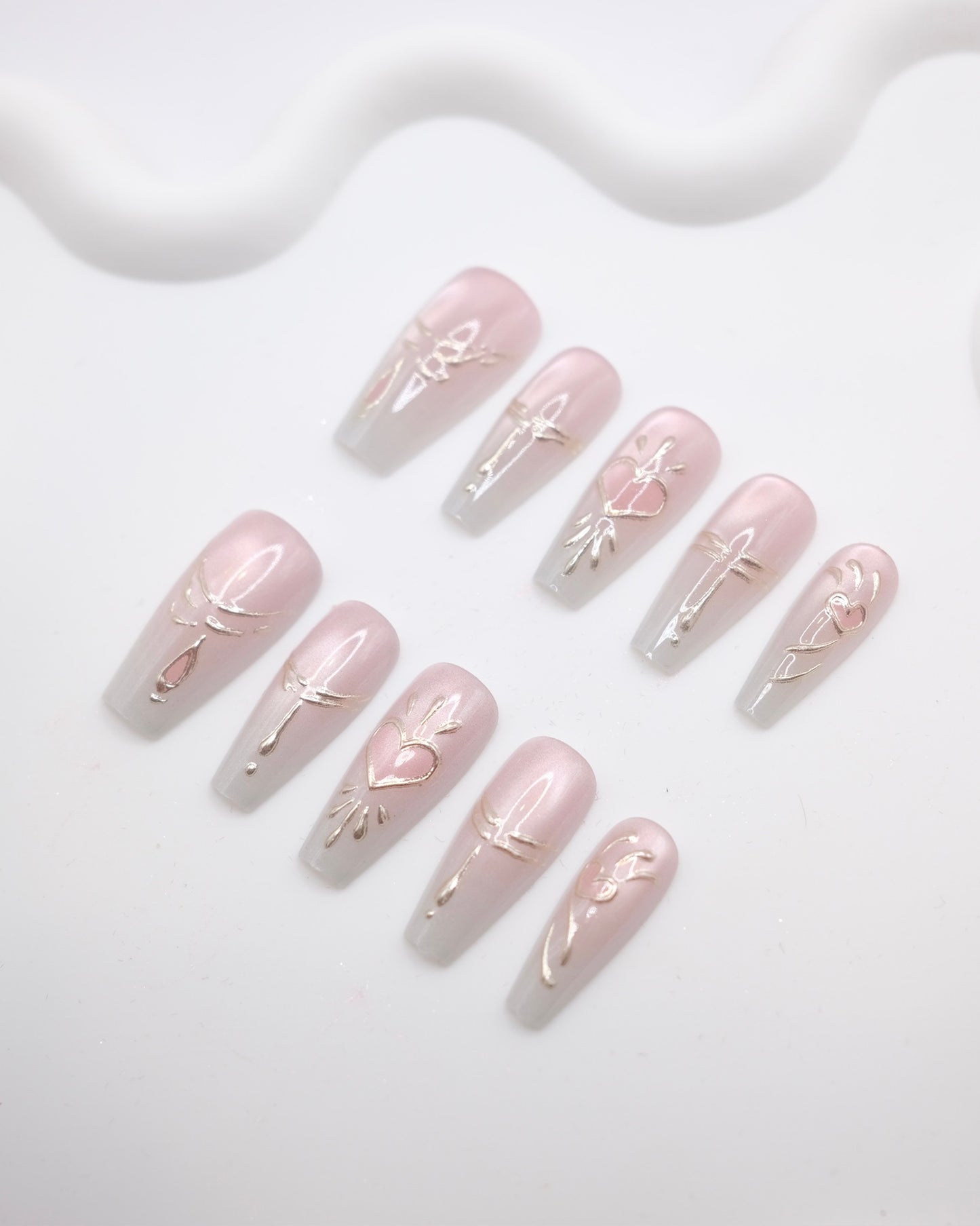 Long Coffin Light Pink Embossed Love Heart Press On Nails