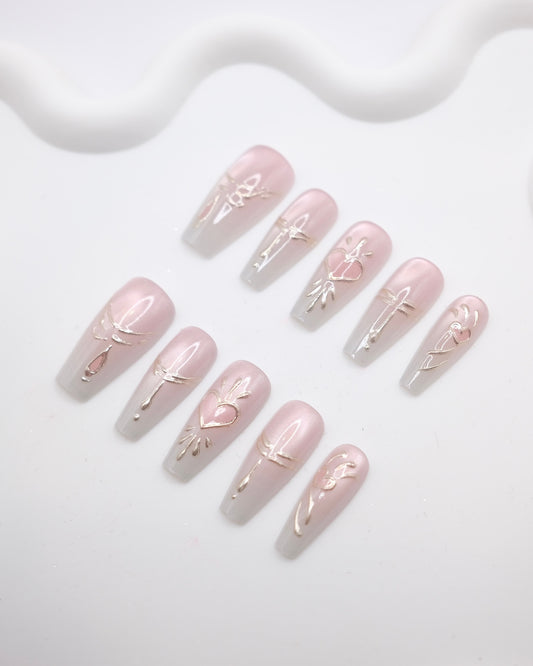 Long Coffin Light Pink Embossed Love Heart Press On Nails