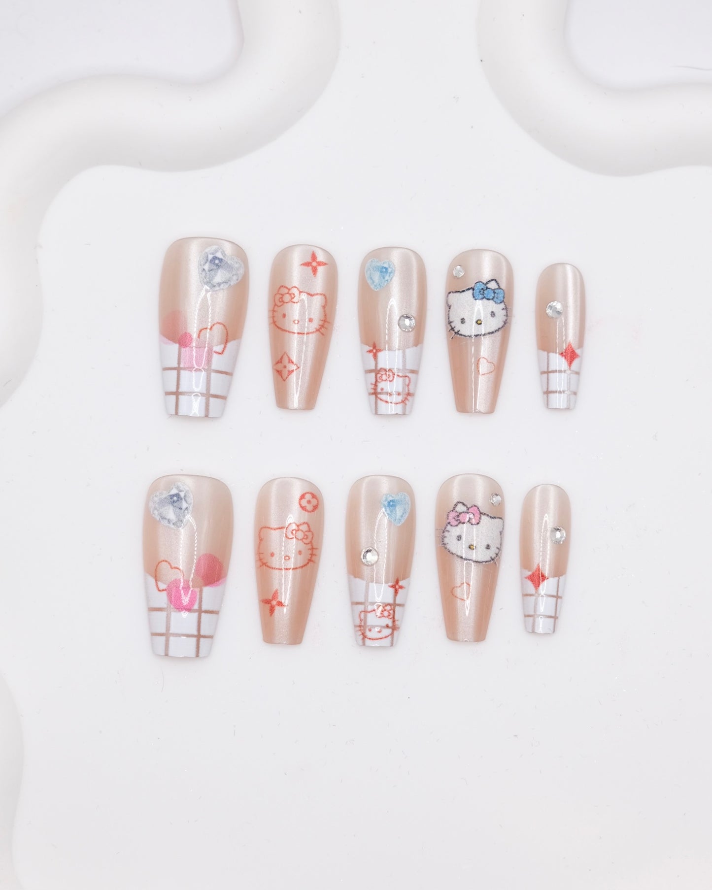 Long Coffin Nude Color Hello Kitty Diamond Press On Nails