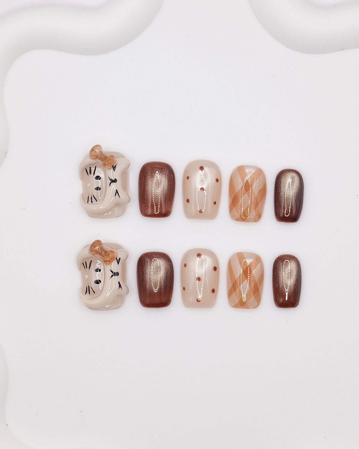 Short Coffin Cateye Brown Hello Kitty Press On Nails