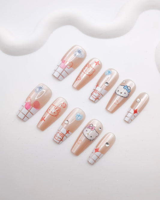 Long Coffin Nude Color Hello Kitty Diamond Press On Nails