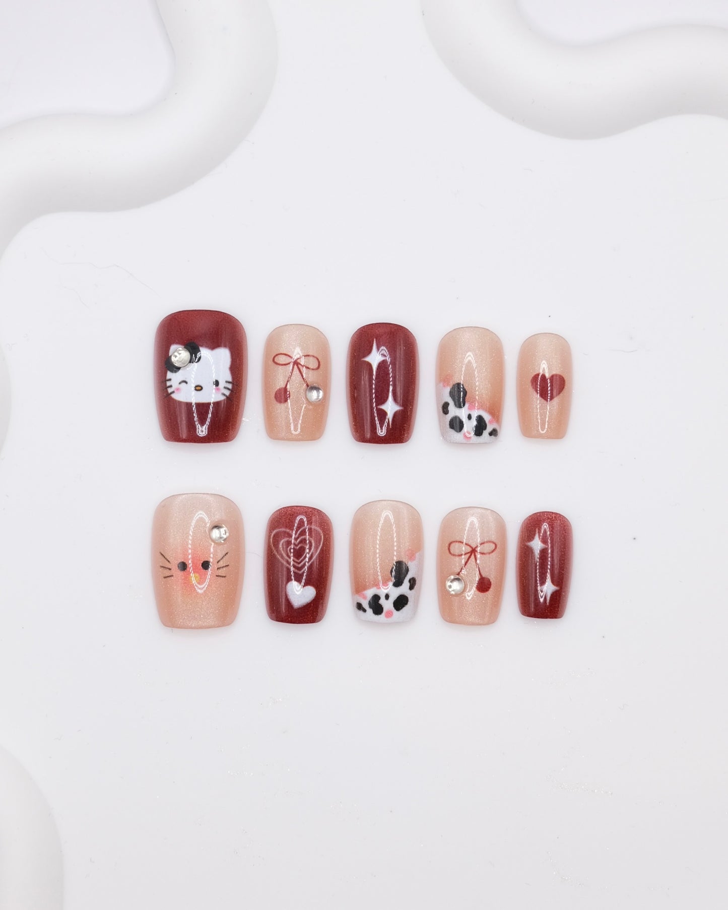 Short Coffin Red & Pink Hello kitty On Valentine's Day Press On Nails